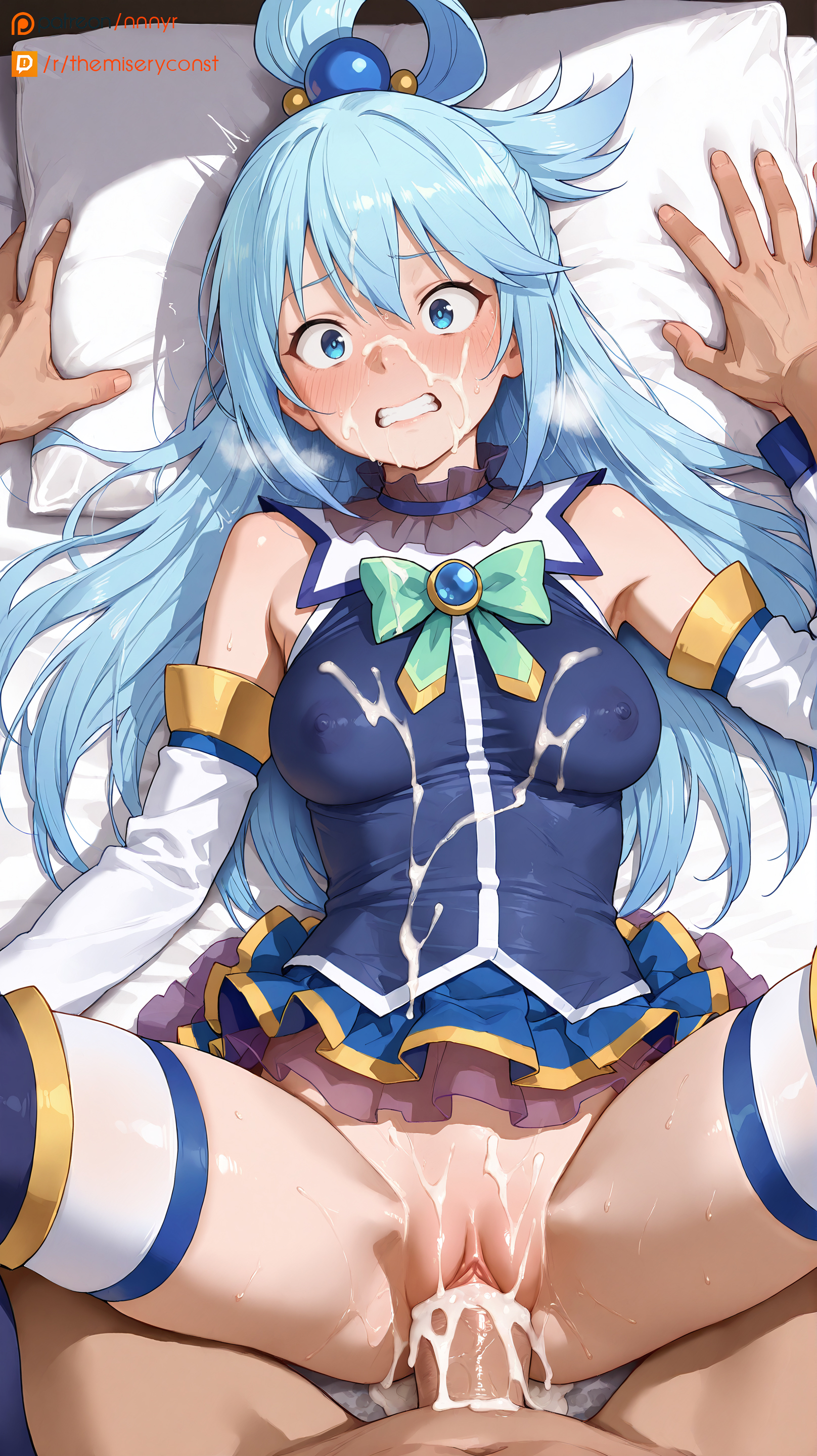 1boy, 1girls, ai generated, aqua (konosuba), blue eyes, blue hair, breasts, covered nipples, cum, cum in pussy, cum inside, cum on body, cum on breasts, cum on clothes, cum on face, cum on hair, dress, female, from above, goddess, head on pillow, hi res, high resolution, highres, kono subarashii sekai ni shukufuku wo!, konosuba, long hair, looking at viewer, lying, lying on back, lying on bed, male, medium breasts, minidress, miniskirt, missionary position, nipples, nipples visible through clothing, nnnyr, no panties, on back, penis, pov, pov eye contact, pussy, sex, skirt, sleeveless, spread legs, stable diffusion, stockings, surprised, teeth, teeth visible, thighhighs, vagina, vaginal penetration, vaginal sex, wet, wet body, wet skin, wide eyed