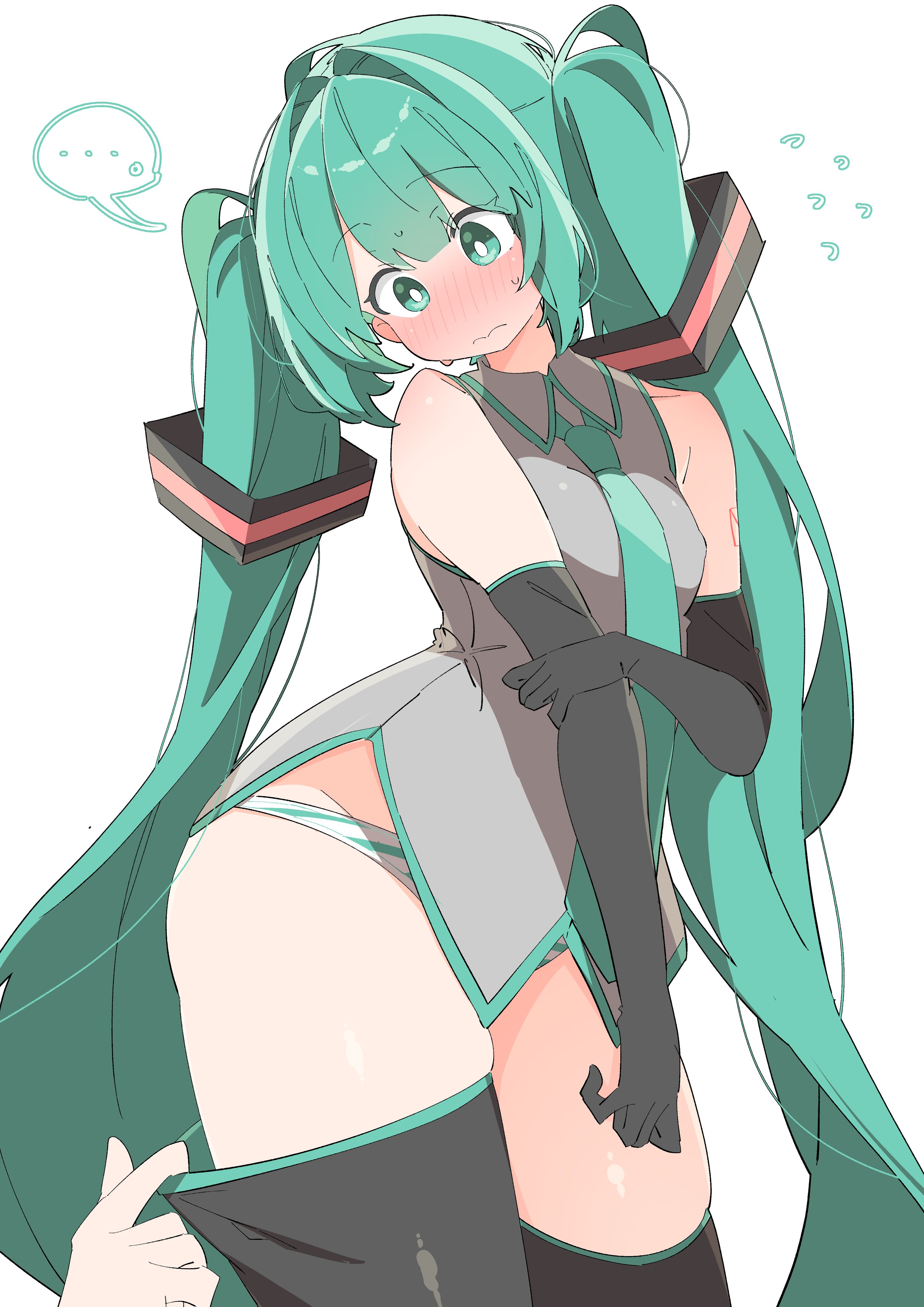 ..., 1girl, 1girls, black gloves, blush, bottom heavy, breasts, bright pupils, closed mouth, elbow gloves, embarrassed, female, female focus, female only, gloves, green eyes, green hair, hatsune miku, long hair, necktie, no pants, no skirt, panties, petite, shirt, simple background, sleeveless, small breasts, solo focus, spoken ellipsis, striped, striped panties, thick thighs, thighhighs, thighs, twintails, underwear, uruti 2388, very long hair, vocaloid, white background, white pupils, wide hips