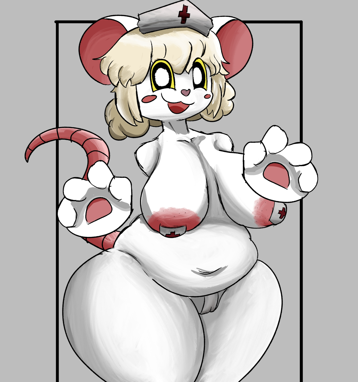 anthro, big breasts, breasts, camel toe, cameltoe, clothed, clothing, emiwatona, female, fur, furry, genitals, headgear, headwear, huge thighs, humanoid, looking at viewer, lorna (terrible mouse), mammal, mouse, murid, murine, navel, nurse, nurse clothing, nurse headwear, pawpads, pussy, rat, rodent, slightly chubby, smile, solo, terrible mouse, thick thighs, white body, white fur, wide hips, yellow eyes