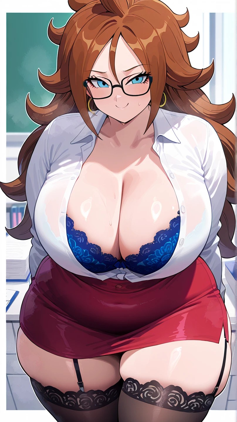 1girls, ai generated, android 21, astrawaifu, big breasts, blue eyes, breasts, brown hair, chubby, cleavage, curvaceous, curvy, curvy figure, dragon ball, earrings, female, glasses, large breasts, mature female, office lady, stockings, thick, thick thighs, thighhighs