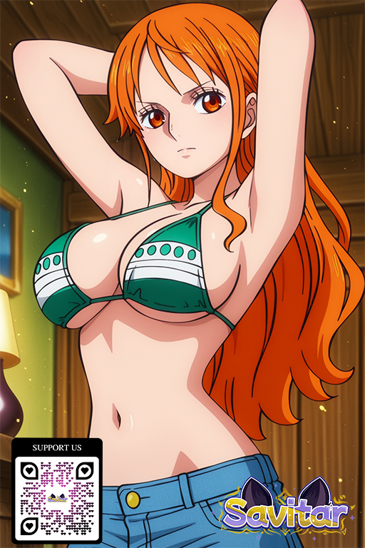 ai_generated armpits bangs bare_shoulders bikini bikini_top bikini_top_only blue_pants breasts cleavage closed_mouth clothing denim eyelashes female female_only green_bikini green_swimsuit halterneck indoors jeans large_breasts littlehentai long_hair looking_at_viewer midriff nami_(one_piece) navel one_piece orange_eyes orange_hair pants savitar savitar_(ai_generator) sidelocks smile solo stomach swimsuit upper_body window