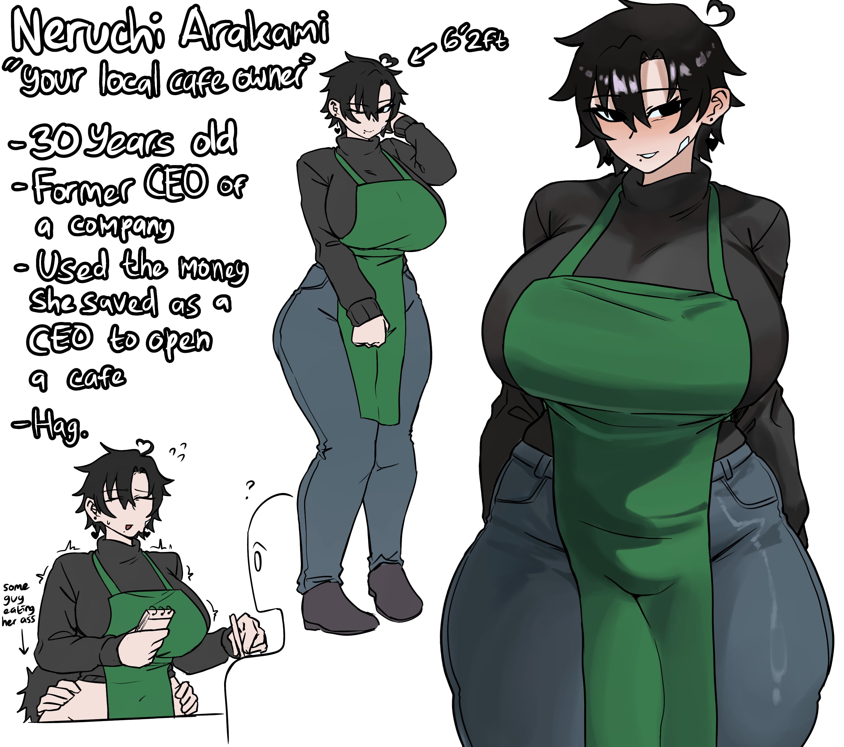 absurd res, absurdres, ahoge, akira404040, anilingus, apron, barista, bbw, black hair, black sweater, breasts, character name, character profile, convenient censoring, curvy, curvy female, dialogue, directional arrow, duo, earrings, english text, female, green apron, hag, heart ahoge, huge breasts, jeans, mature female, milf, mole, mole under mouth, neru (akira404040), original, pants down, public indecency, short hair, solo focus, speech bubble, stealth anilingus, straight, sweater, tall female, text, thick thighs, thought bubble, tomboy, tomboy milf, trembling, turtleneck sweater, unbothered, uncaring, voluptuous, voluptuous female, wholesome, wide hips