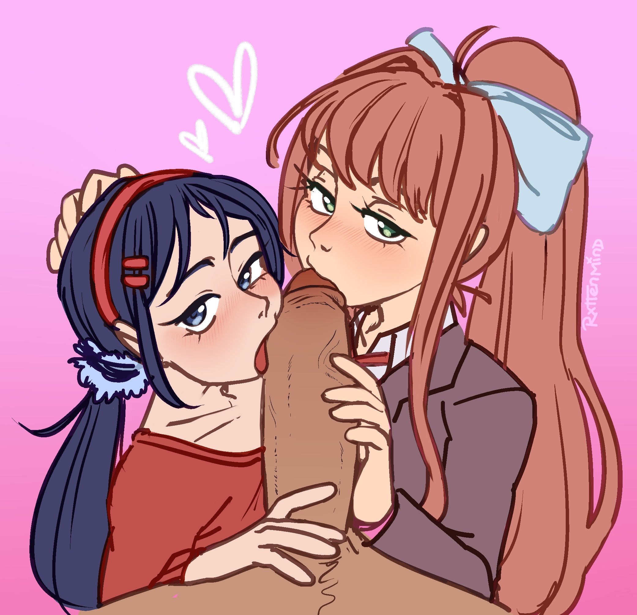 2girls, anon, big penis, black hair, blue eyes, blush, brown hair, collaborative fellatio, crazy mita (miside), crossover, dark skin, dark-skinned male, doki doki literature club, fellatio, female, fully clothed, green eyes, hair ornament, handjob, hi res, highres, large penis, licking penis, light skin, light-skinned female, long hair, looking at viewer, male, male pov, miside, mita (miside), monika (doki doki literature club), penis, pink background, ponytail, pov, pov eye contact, rxttenmind, you