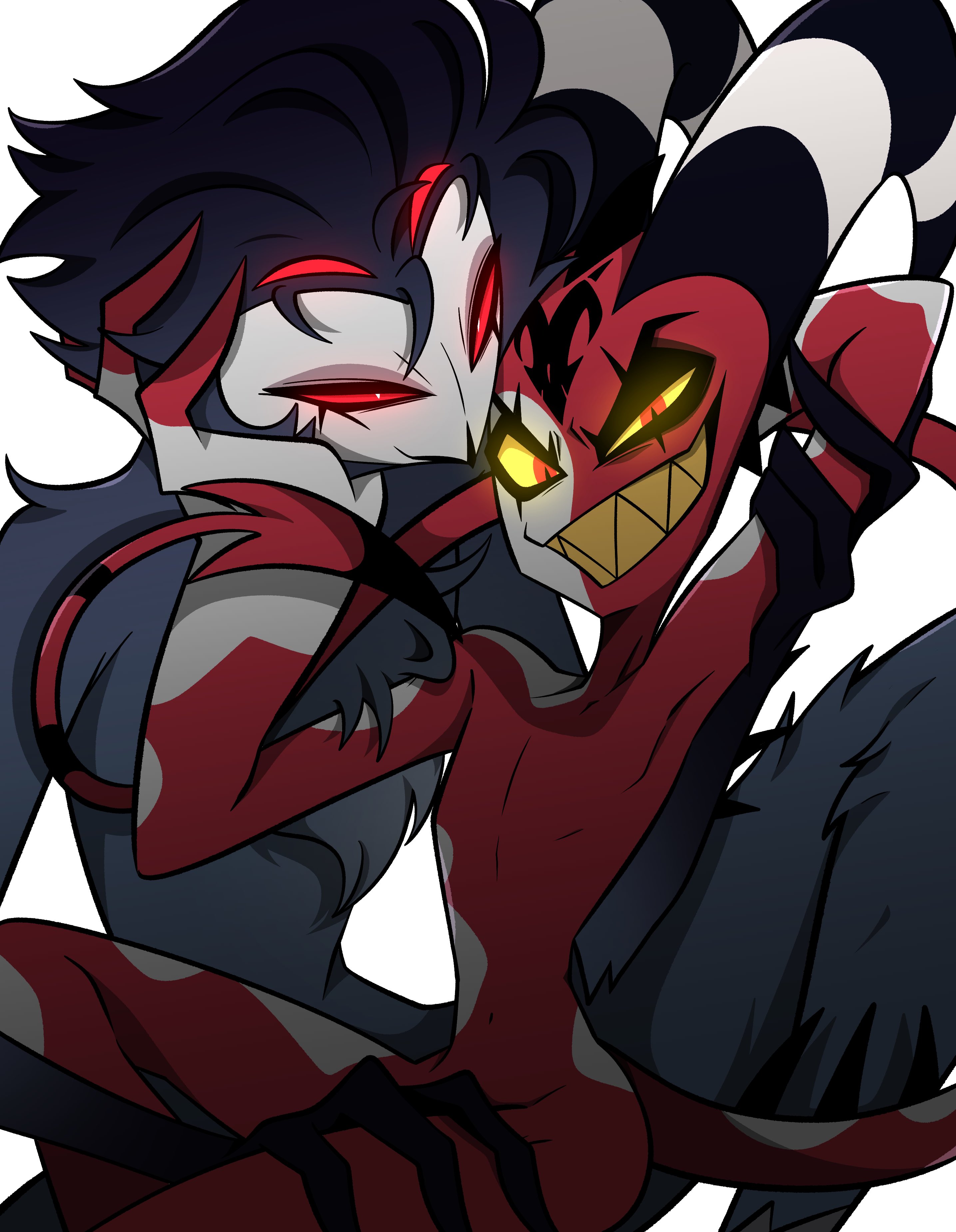 2boys, absurd res, anthro, arm grab, avian, beak, big horn, bird, blitzo (helluva boss), demon, demon boy, demon horns, demon humanoid, demon tail, duo, feathers, fluffy, fluffy chest, gay, gay male, glowing, glowing eyes, grabbing head, helluva boss, hi res, horn, horned humanoid, imp, leg grab, looking at viewer, male, male/male, multi eye, multicolored body, multicolored skin, narrowed eyes, nude, nude anthro, nude humanoid, nude male, owl, owl demon, paldobeobe59670, raised arm, red body, red eyes, sharp teeth, slim, smile, smiling at viewer, spade tail, stolas (helluva boss), tail, tailed humanoid, teeth, thigh grab, white body, white skin, yaoi, yellow sclera