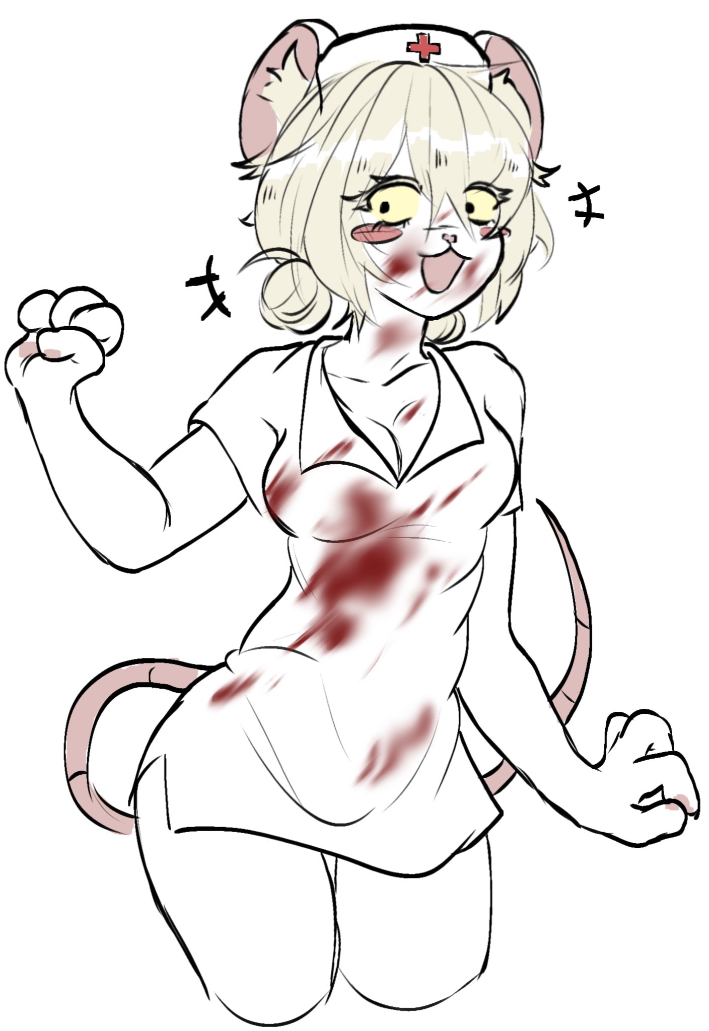 anthro, aunicornsashes, black eyes, blonde hair, blood, blush, bodily fluids, breasts, claws, clothing, female, fur, furry, hair, hat, headgear, headwear, hi res, lorna (terrible mouse), mammal, mouse, murid, murine, nurse, nurse clothing, nurse headwear, pawpads, paws, pink pawpads, rat, rodent, smile, solo, syringe, tail, terrible mouse, white body, white fur, yellow eyes