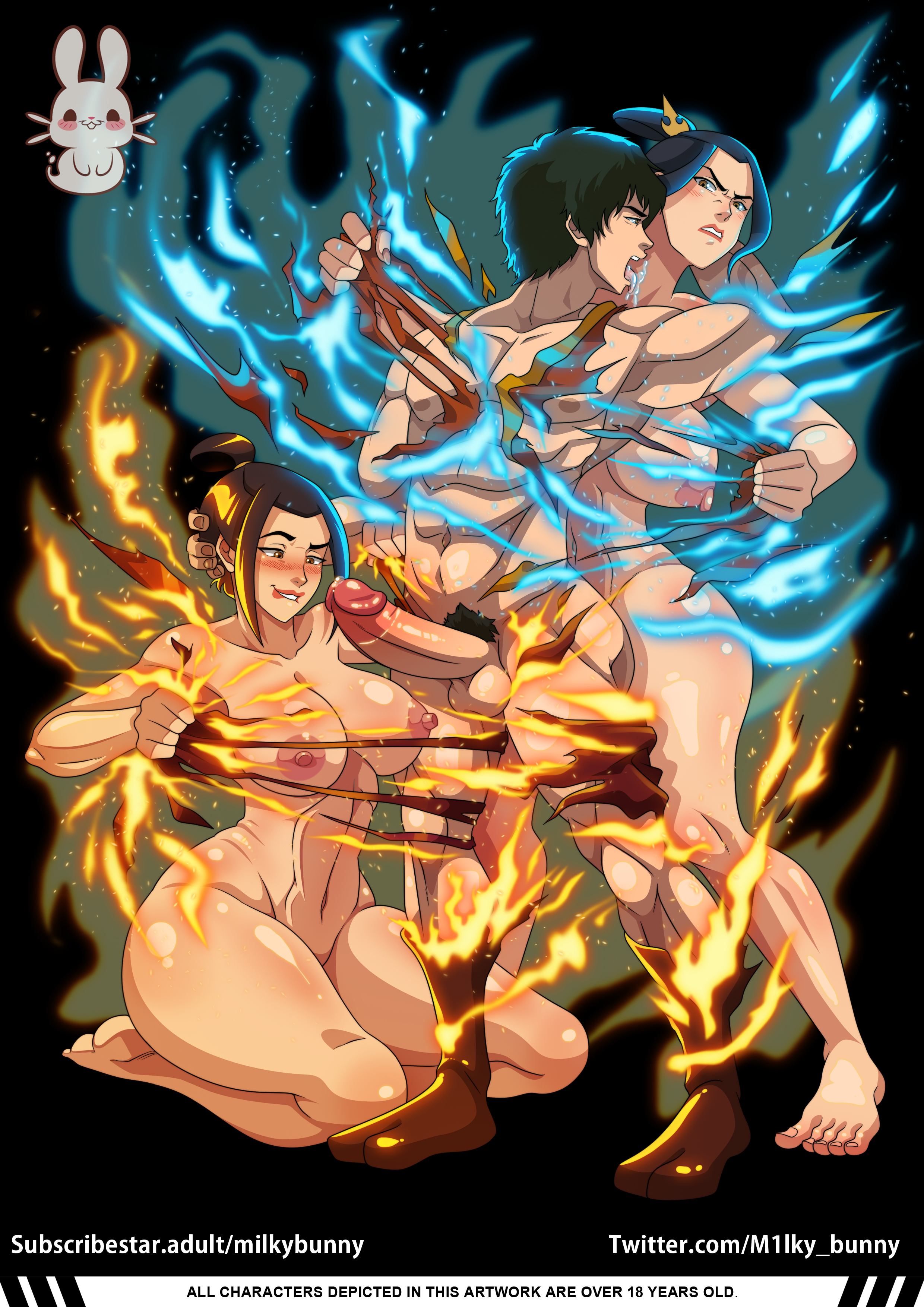 1boy, 2girls, abs, annoyed, areola, areolae, artist logo, ass, assertive female, assertive male, avatar the last airbender, azula, balls, barefoot, biting lip, biting own lip, black hair, blue fire, blush, breasts, brother and sister, brown hair, clenched teeth, clone, crown braid, dark hair, erection, feet, female, femdom, ffm threesome, fire, fire nation, firebending, golden eyes, grin, group sex, hair bun, high resolution, highres, incest, kissing neck, kneeling, kneeling on ground, kneeling oral position, large breasts, large penis, licking neck, light makeup, lip biting, lipstick, male, male pubic hair, male/female, maledom, mature female, milky bunny, multicolored hair, multiple females, multiple girls, muscles, muscular, muscular female, muscular male, no pubic hair, penis, pink nipples, precum, precum drip, precum on penis, prince, princess, pubic, pubic hair, red lipstick, royal incest, royalty, sidelocks, smug, threesome, tied hair, time paradox, toned, toned female, toned male, topknot, torn clothes, torn clothing, twitter username, zuko