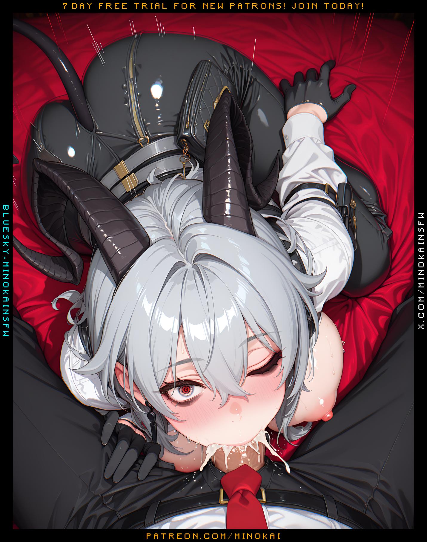 1boy, ai generated, breasts, cum, cum in mouth, cum inside, deepthroat, demon horns, demon tail, eye contact, female, fully clothed, male, male pov, minokai, motion lines, one eye closed, red eyes, self upload, wuthering waves, zani (wuthering waves)