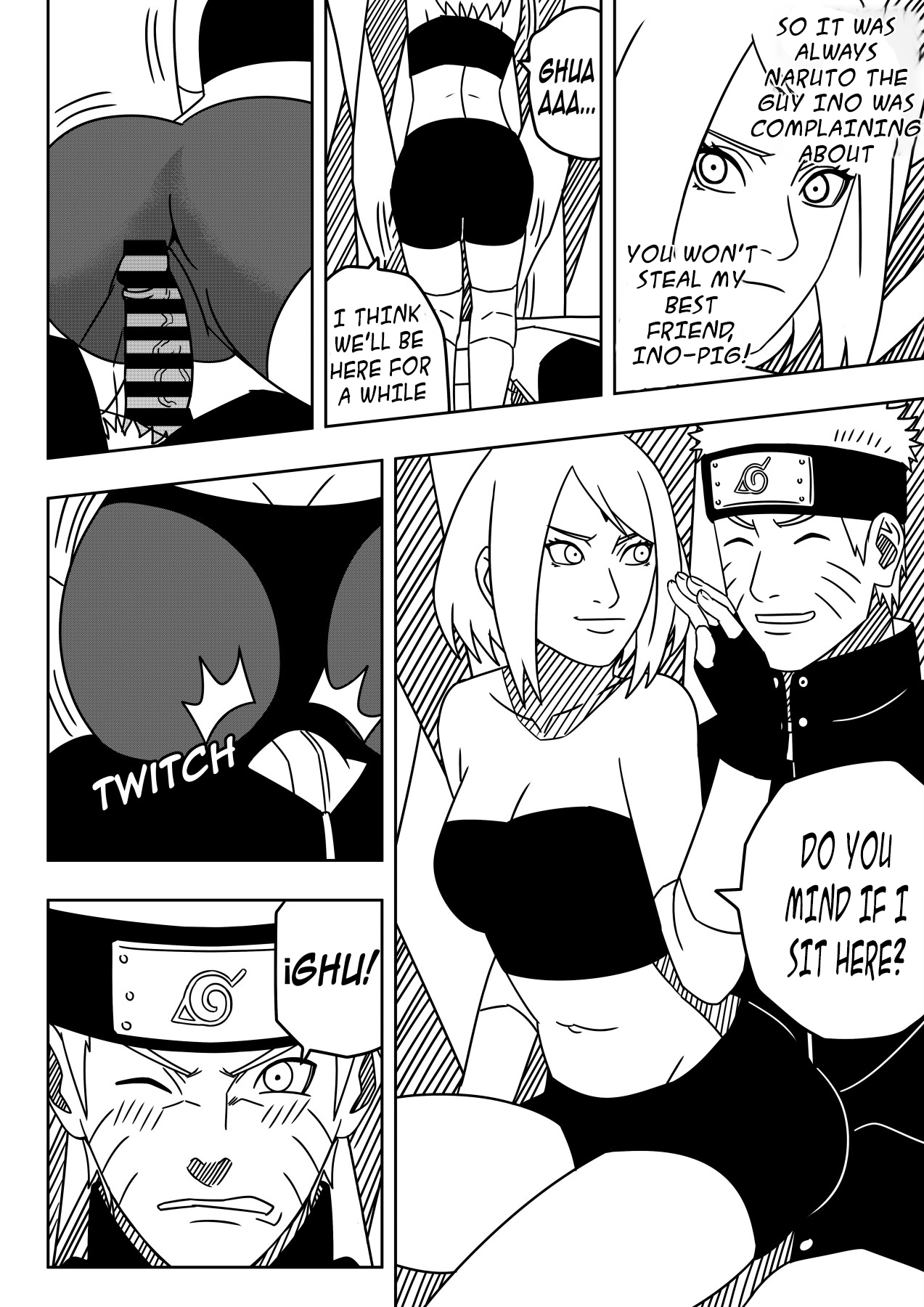 1boy, 1girls, ass, bare shoulders, before sex, big ass, boner, breasts, cheating, cheating boyfriend, cheating girlfriend, cleavage, couple, curvy, dialogue, elbow pads, english text, erection, female, fingerless gloves, forehead mark, gloves, jacket, jealous, knee pads, long hair, male, male/female, medium breasts, monochrome, naruto, naruto (series), naruto shippuden, naruto: the last, nature, netorare, ninrubio, no bra, ntr, outdoors, penis, petite, pussy, reverse netorare, rubbing, rubbing pussy, rubbing pussy against dick, sakura haruno, seducing, short hair, shorts, sitting, sitting on lap, sitting on person, story, straight, swept bangs, teasing, text, tight clothing, tomboy, tsundere, tubetop, uzumaki naruto