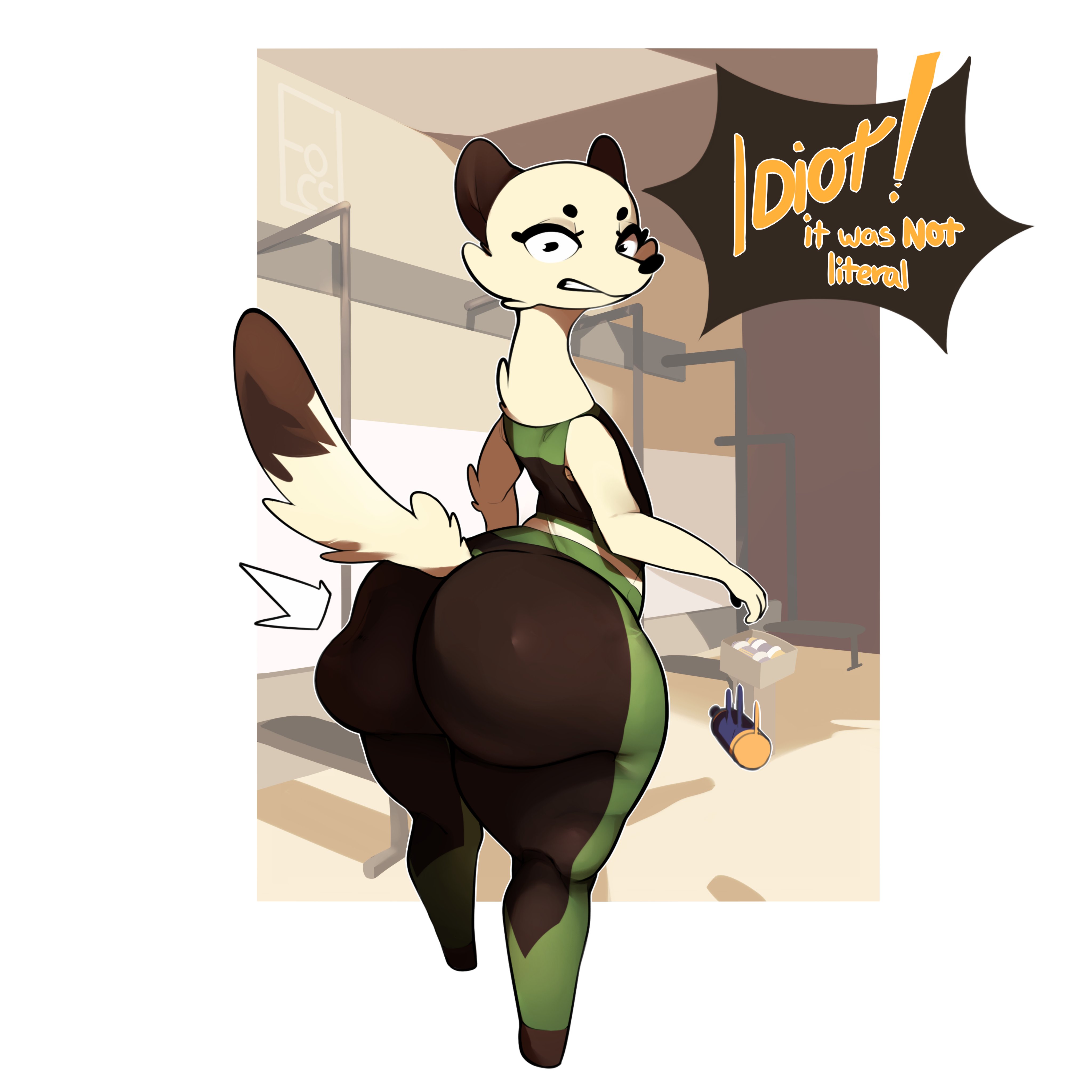 1girls, angry, angry face, anthro, ass, ass bigger than head, ass focus, ass slap, behind view, big ass, big butt, bottom heavy, bubble ass, bubble butt, clothing, curvaceous, curvy, curvy figure, dialogue, english text, female, female only, flat chest, foxialewd, fully clothed, furry, gym clothes, huge ass, kaz (foxialewd), looking at viewer, looking back, looking back at viewer, mustelid, pear shaped, slap, slim waist, solo, solo female, talking to viewer, text, thick thighs, voluptuous, voluptuous female, water bottle, weasel, white border, wide hips, workout clothes