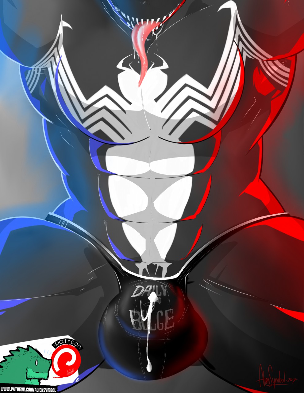 abs alien aliensymbol big_(disambiguation) bulge clothing flexing humanoid invalid_tag jockstrap leaking male male_only marvel muscular pecs pose precum smile solo spider-man_(series) symbiote teasing tongue underwear venom venom_(marvel)