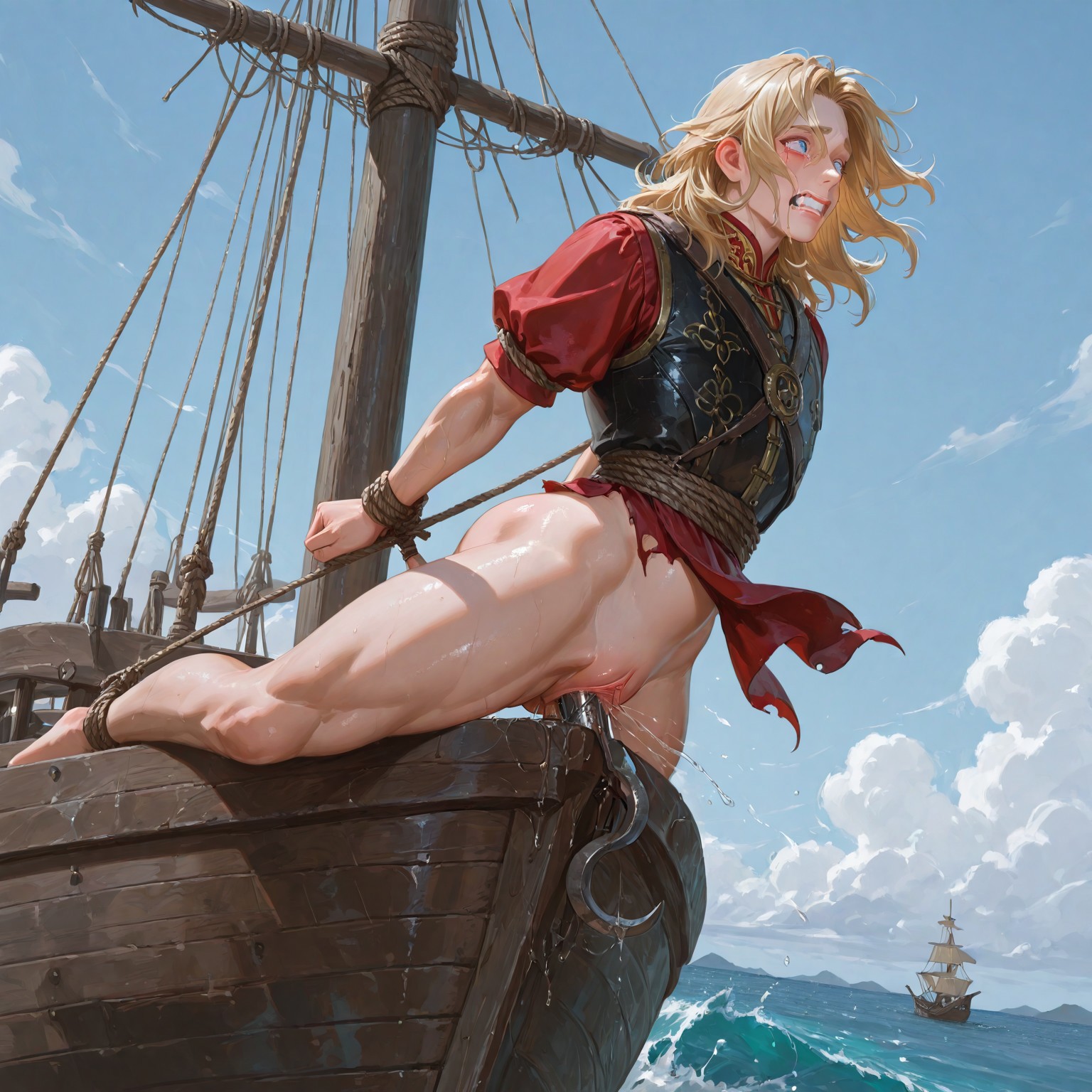 ai generated, blonde hair, blue eyes, bondage, buttholeking, captured hero, cuntboy, cuntboy only, cuntboysub, defeated hero, domination, figurehead, helpless, human, humiliated, humiliation, intersex, light skin, muscular, muscular cuntboy, ocean, painful, painful penetration, partially clothed, pirate ship, punishment, pussy, ship, torture, vaginal object insertion, vaginal penetration