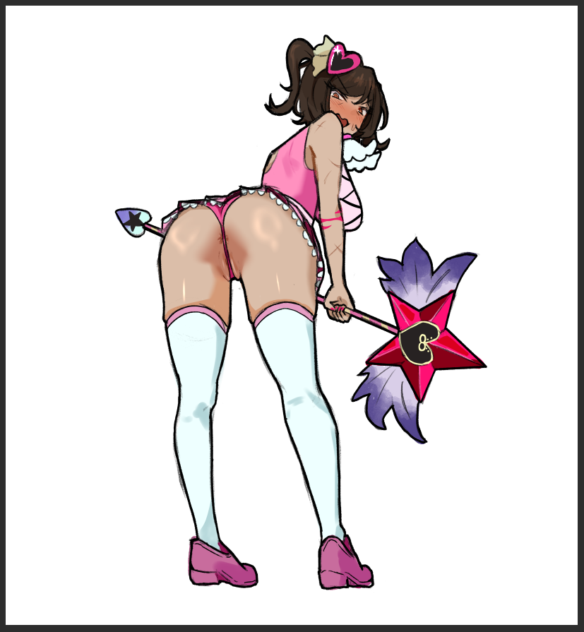 1girls, anus, ass, bent over, big breasts, blush, breasts, cat nip, female, hair ornament, limbus company, looking at viewer, looking back, magical girl, open mouth, outis (limbus company), panties, partially clothed, presenting, project moon, pussy, queen of hatred (cosplay), short hair, socks, staff, sweat, thick thighs, white background