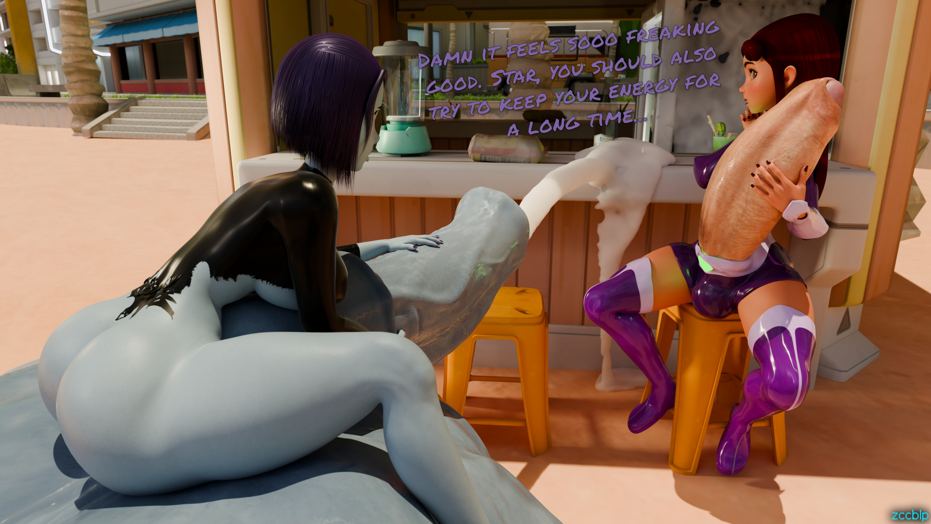 3d, balls, balls expansion, balls growth, balls growth (enlargement), beach, blender, breasts, cum, dc, dc comics, duo, ejaculation, excessive cum, futa only, futanari, genital expansion, genital growth, genital growth (enlargement), gigantic balls, gigantic penis, gigantic testicles, grey skin, horsecock, huge balls, huge penis, huge testicles, intersex, large breasts, multiple futa, multiple penises, oversized balls, penis, penis expansion, penis growth, penis growth (enlargement), penis hold, purple eyes, purple hair, raven (dc), short hair, sitting on balls, starfire, teen titans, testicles, text, thick penis, thick thighs, thighhighs, tight clothing, torn clothes, veiny balls, veiny penis, veiny testicles, zccblp