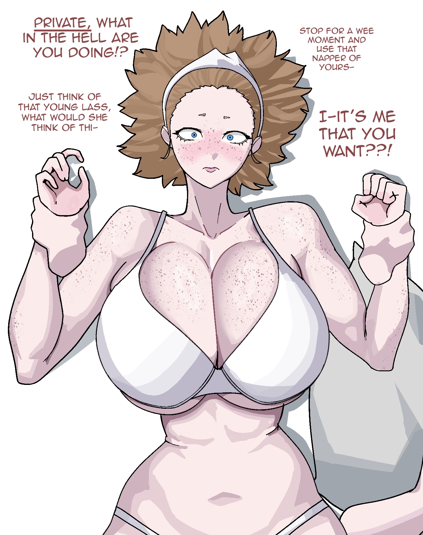 1girls, big breasts, blonde female, blue eyes, breasts, coldstream (marinerx), confused face, curvy female, female, freckles on arms, freckles on breasts, freckles on face, freckles on shoulders, half naked, light skin, light-skinned female, marinerx, oc, short-haired female, white female
