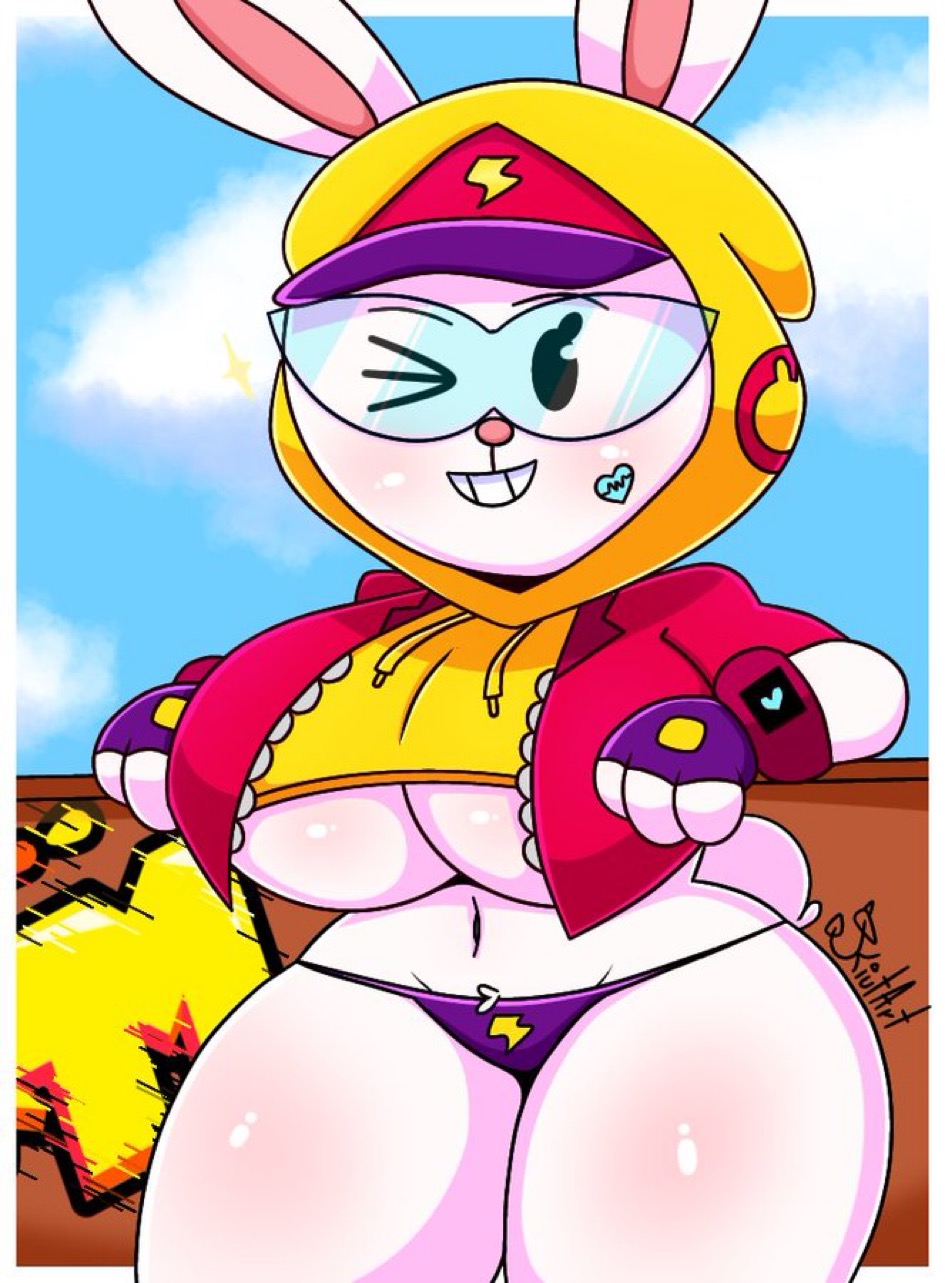 ass, big ass, big breasts, brawl stars, breasts, cony (line), female, furry, kiut arts, line (app), line friends, max (brawl stars), rabbit, spray paint, streetwear max, yellow hoodie
