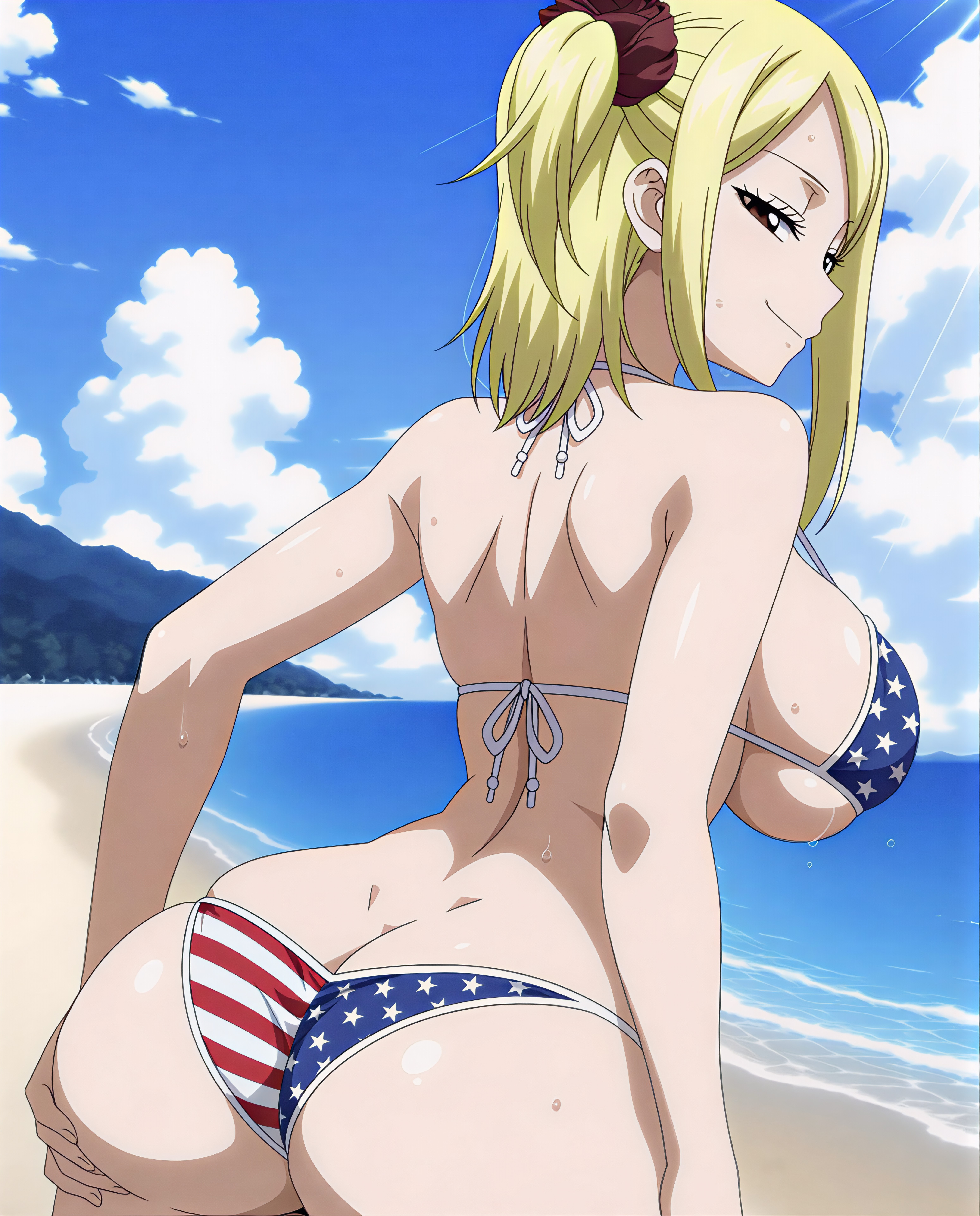 1female, 1girls, ai generated, american flag bikini, beach, beautiful, beautiful female, bikini, blonde female, blonde hair, blonde-haired female, brown eyes, curvy, curvy female, fairy tail, female, female focus, grabbing ass, grabbing own ass, hi res, hires, looking at viewer, looking back, looking back at viewer, lucy heartfilia, outdoors, outside, smile, smiling, smiling at viewer, solo, solo female, voluptuous, voluptuous female