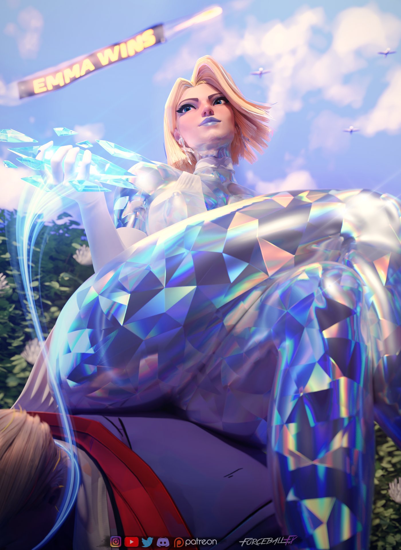 3d, below view, blonde female, blonde hair, blue lipstick, bob cut, boots, breasts, closed mouth, closed mouth smile, diamond, diamond form, emma frost, emma frost (diamond form), emma frost (marvel rivals), eyelashes, eyeshadow, female, femdom, forceballfx, hair behind ear, high heel boots, high heels, leash, light skin, light-skinned female, low-angle view, marvel, marvel comics, marvel rivals, medium hair, nude, smile, smiling, tagme, viewed from below