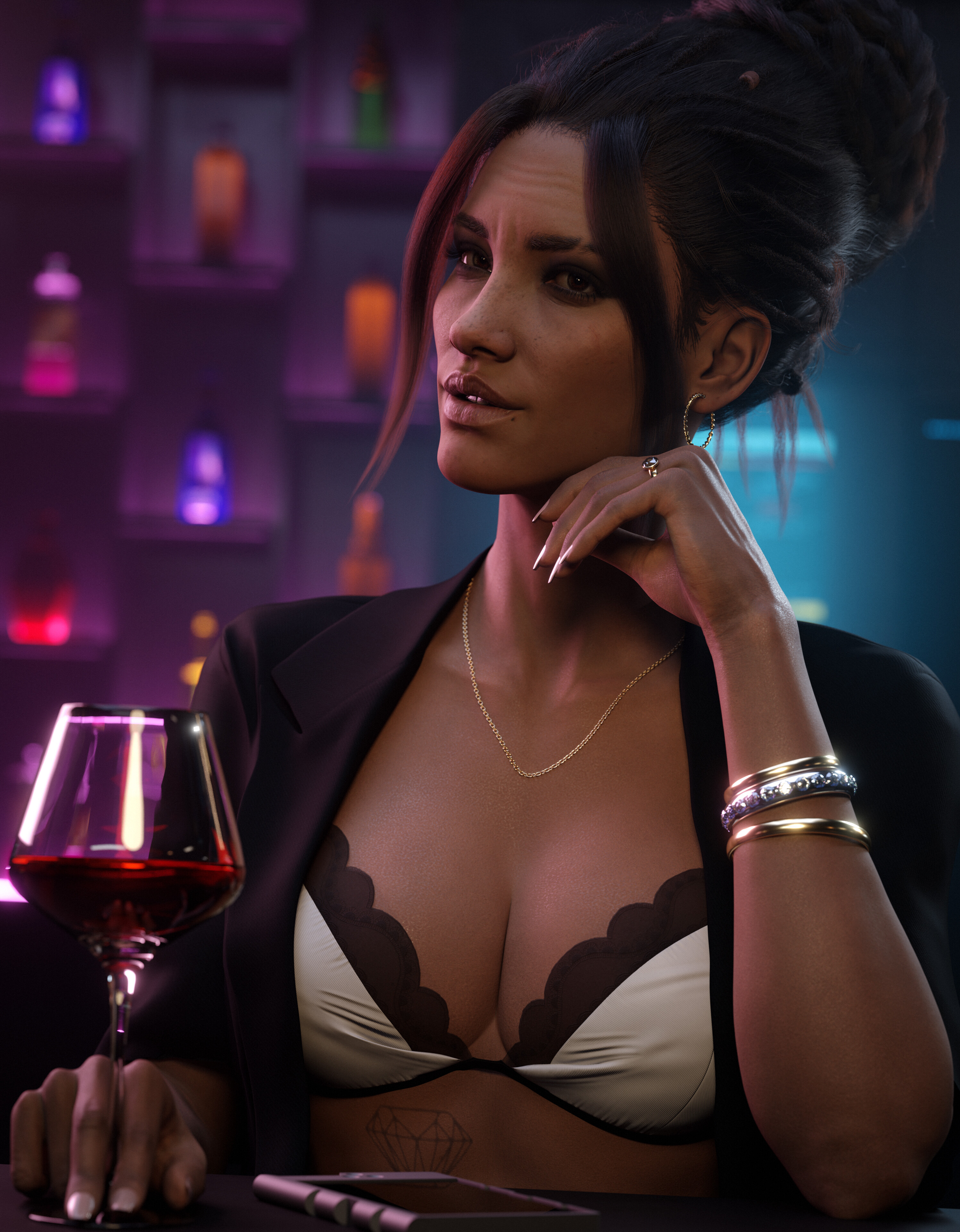 3d, bra, brown hair, classy, cleavage, cyberpunk 2077, dinner, female, open clothes, panam palmer, wine glass