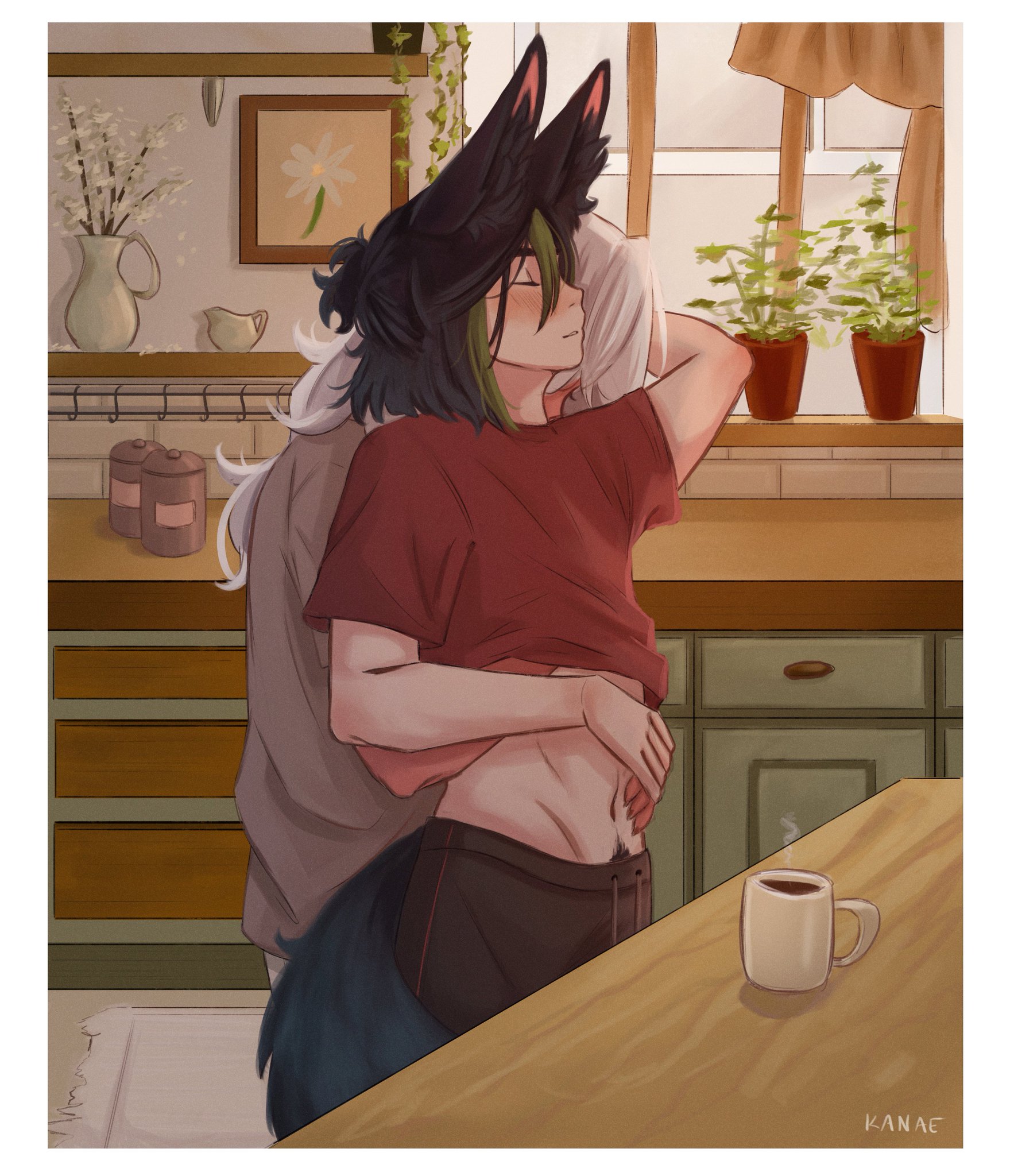 2boys, cyno (genshin impact), cynonari, femboy, gay, genshin impact, groping, kissing, kitchen, male, male only, multiple boys, multiple males, tighnari (genshin impact), tummy, white hair