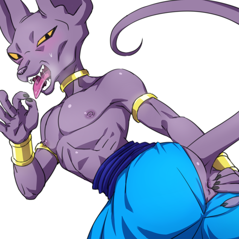 1boy anus ass ass_juice beerus blush cat_ears dragon_ball dragon_ball_z feline invitation looking_at_viewer male male_only oral_invitation purple_skin sexually_suggestive solo steam sweat teba_motoko tongue yaoi