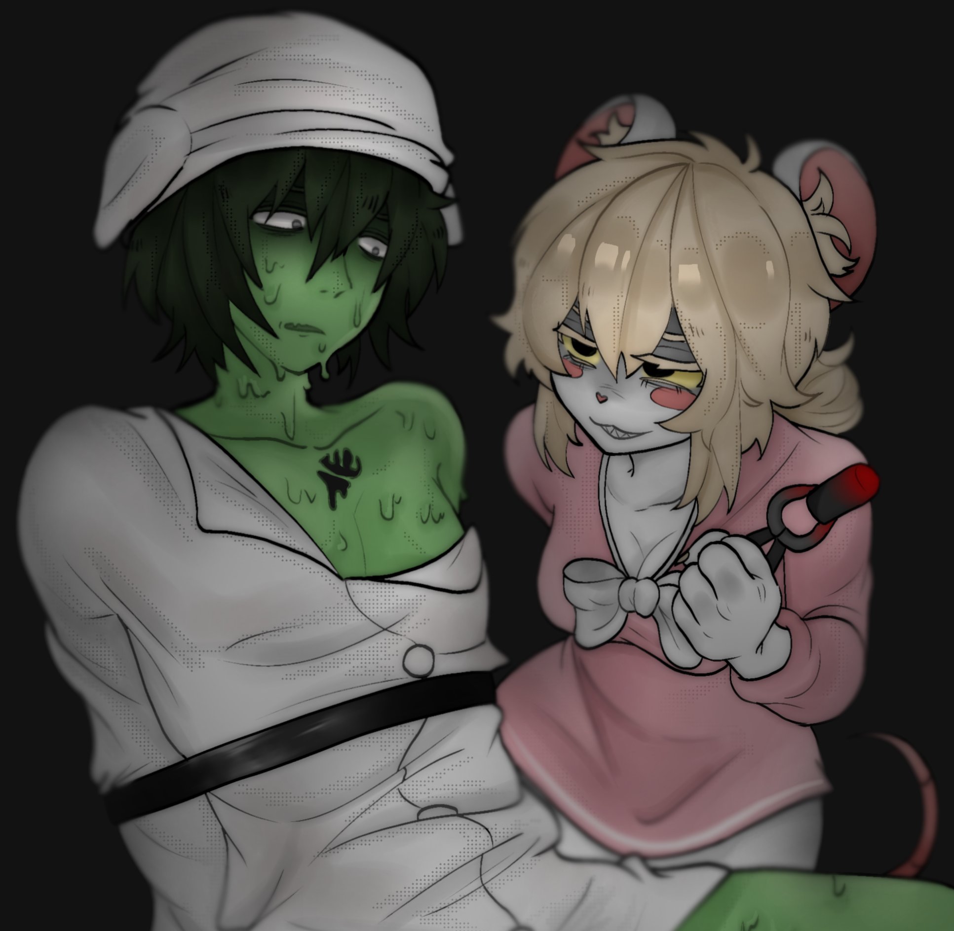 anthro, aunicornsashes, black eyes, blonde hair, blush, bottomwear, bow ribbon, clothing, damm (terrible mouse), dress, female, fur, furry, goo creature, goo humanoid, green hair, hair, hi res, humanoid, lorna (terrible mouse), mammal, mouse, murid, murine, pajamas, pink bottomwear, pink clothing, pink dress, pink skirt, rat, rodent, skirt, slime, smile, solo, tail, terrible mouse, white body, white fur, yellow eyes
