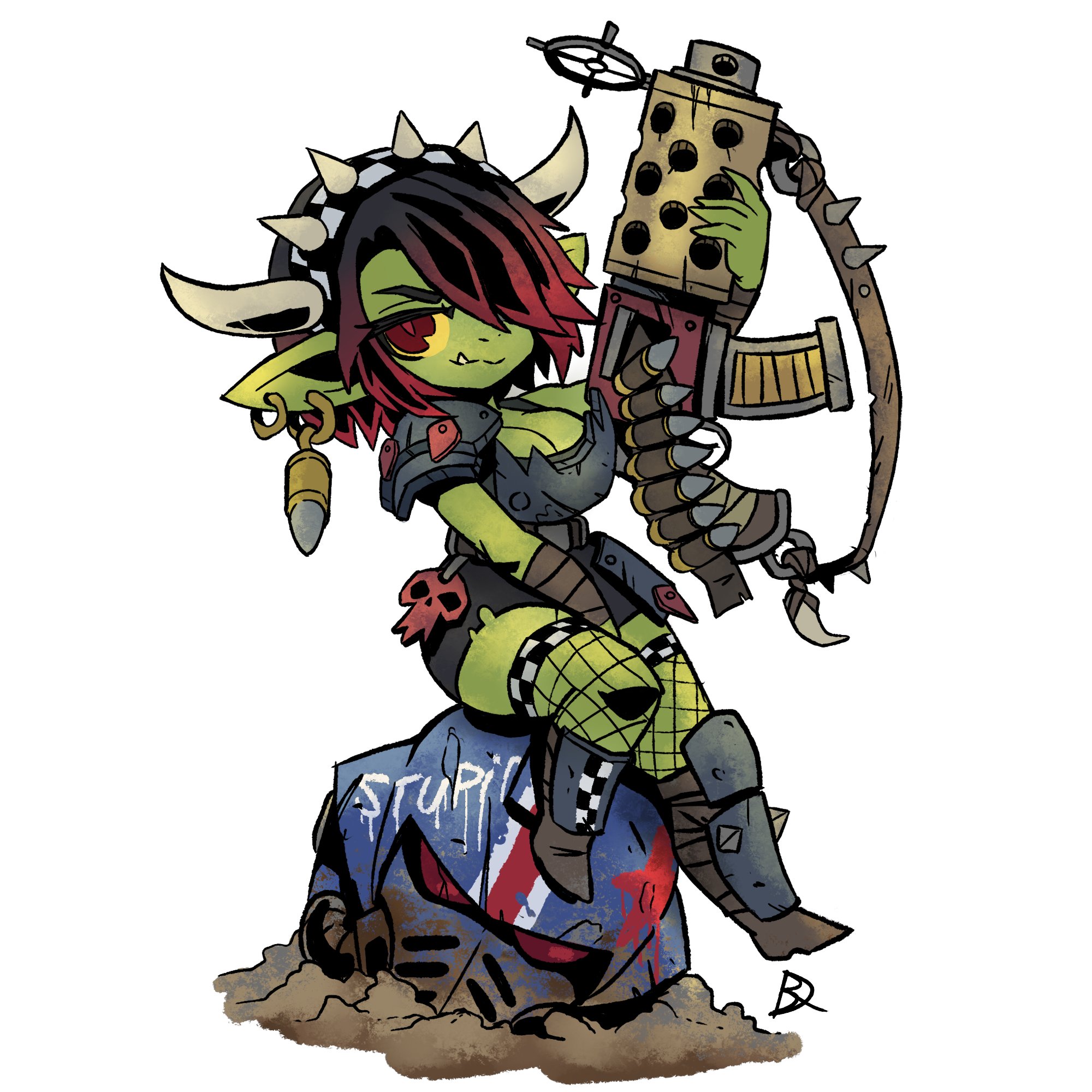 adeptus astartes, armor, armored female, belt, big breasts, black hair, breasts, bullet, clothed, clothed female, clothing, cute, earring, earrings, female, goblin, goblin female, green body, green skin, green-skinned female, grot, grot (warhammer 40k), gun, hair over one eye, headband, headwear, helmet, imperium of man, multicolored hair, no background, ork, red eyes, red hair, red pupils, short hair, shortstack, sitting, skirt, solo, solo female, space marine, teeth, thick thighs, thighs, warhammer (franchise), warhammer 40k, white background, yellow eyes, yellow sclera