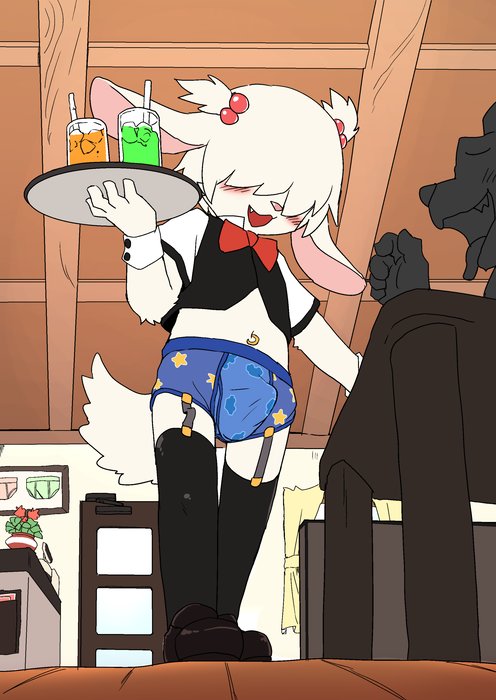 blush bow_tie briefs bulge clothing drinks fur hair ice_cubes lagomorph legwear male male_only mammal manmosu_marimo navel open_mouth pink_nose rabbit solo standing stockings straws underwear vest white_fur white_hair