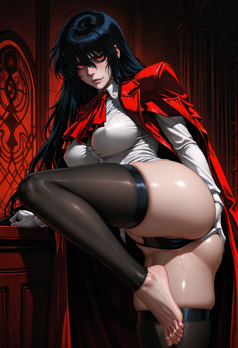 ai ai_generated alucard_(hellsing) ass black_hair cameltoe cape foot_fetish gender_transformation genderswap_(mtf) hellsing long_hair one_leg_up red_eyes rule_63 self_upload shirt skindentation stable_diffusion toes