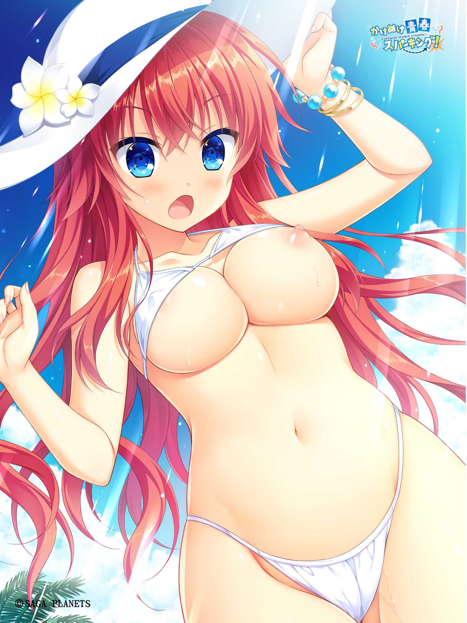 beach bikini bikini_lift blue_eyes breasts breasts kakenuke_seishun_sparking! kohinata_hibiki large_breasts naked_female naked_teenager nipple_slip nipples one_breast_out red_hair sexy sexy_pose surprised_expression teenage_girl teenager wardrobe_malfunction white_bikini