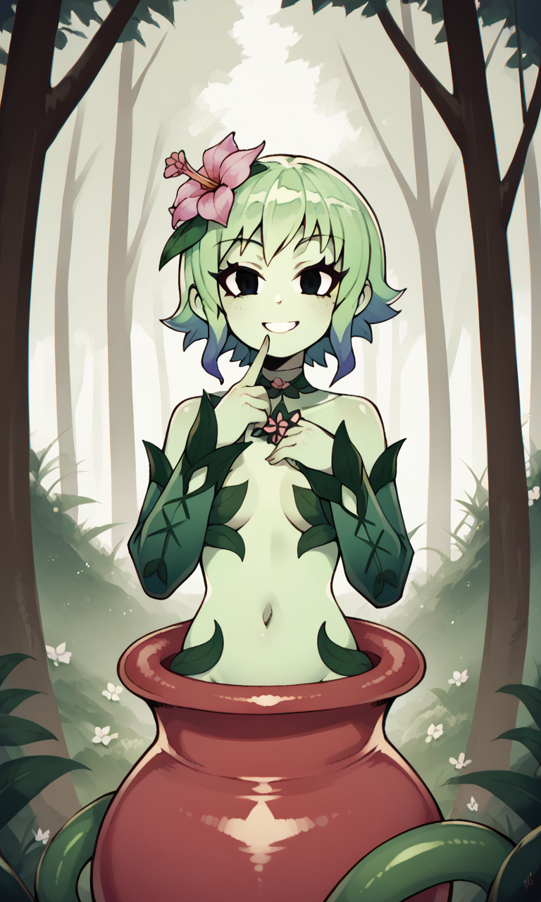 accurate_art_style ai_generated alraune bigmic145 breasts detached_sleeves female female_only flower flower_in_hair green_hair green_skin leaf leaf_clothing monster_girl navel netflix plant plant_girl plant_humanoid ramona_flowers scott_pilgrim scott_pilgrim_takes_off