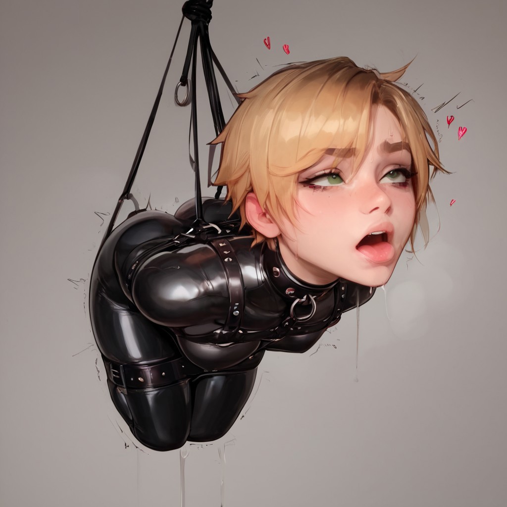 ai_generated blonde_hair bondage_gear bondage_outfit choker female gagged green_eyes harness latex latex_bodysuit short_hair skimpy_clothes skintight_clothing small_breasts submissive submissive_female suspended veve