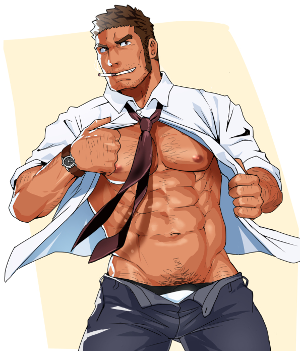 1boy, abdominal muscles, abs, ass, athletic, athletic male, balls, bara, beard, biceps, big muscles, black legwear, black pants, black socks, body hair, bodybuilder, brown hair, brunette, bulge, business attire, business suit, businesswear, button down shirt, chest hair, cigarette, cigarette in mouth, collared shirt, cute male, daddy, dark hair, dress pants, dress shirt, dress socks, facial hair, hairy chest, hairy male, half naked, half nude, half-dressed, handsome, handsome man, hot, hunk, jock, looking at viewer, male, male only, male solo, manly, masculine male, muscles, muscular, muscular arms, muscular male, necktie, obliques, office clothing, open clothes, open shirt, pants, partially clothed, pecs, pubes, pubic hair, public, risque, sakuramaru123, sakuramarusan, short hair, six pack, slacks, smile, smirk, smoking, solo, solo male, stubble, stud, suit, tan body, tan skin, teacher, teeth, tie, unbuttoned pants, underwear, undressed, undressing, watch, white shirt, white underwear, yaoi