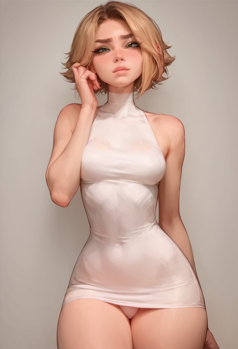 ai_generated blonde_hair choker green_eyes minidress revealing_clothes short_hair skimpy_clothes skintight_clothing small_breasts veve