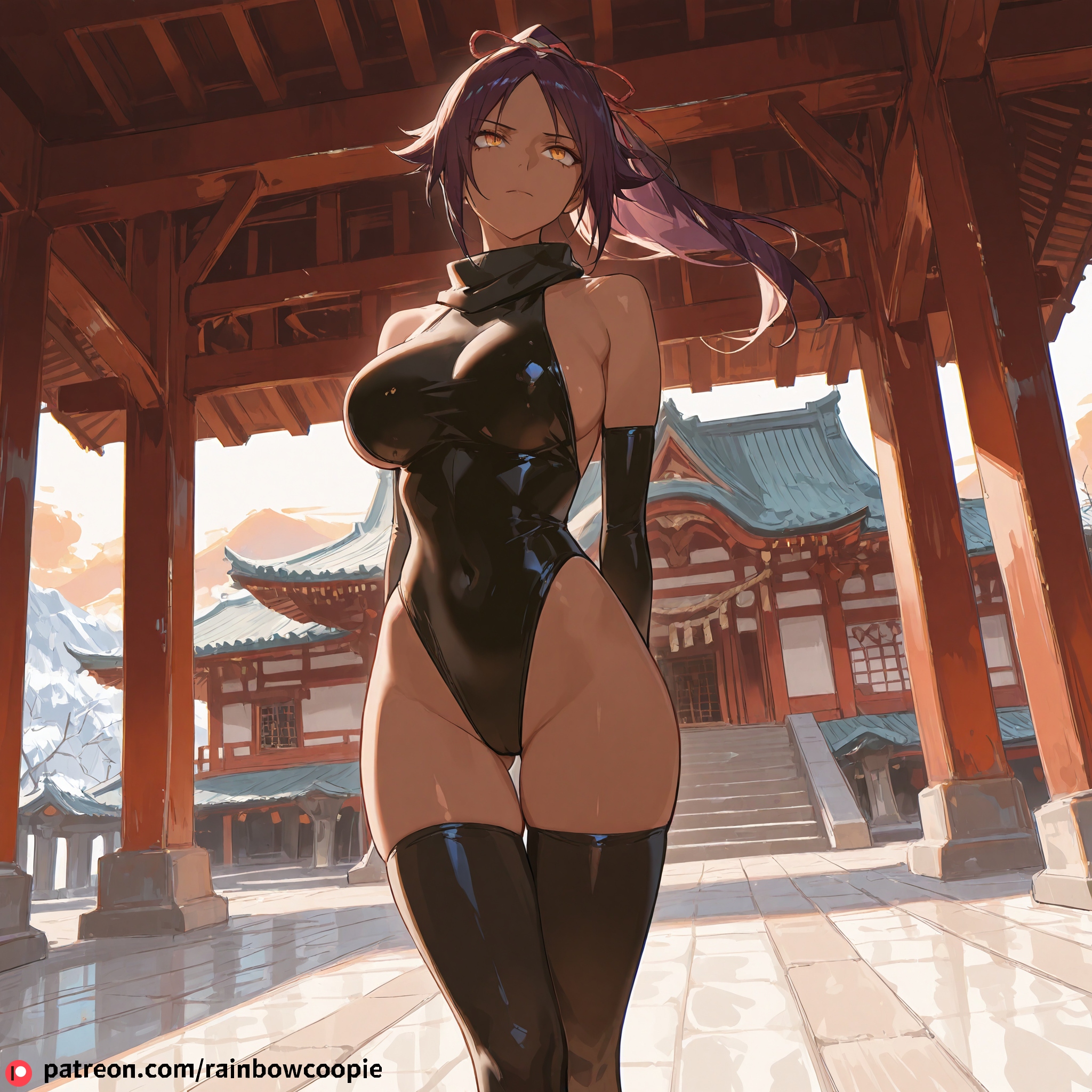ai generated, bleach, breasts, female, huge breasts, leotard, orange eyes, ponytail, purple hair, shihouin yoruichi, temple, thighhighs