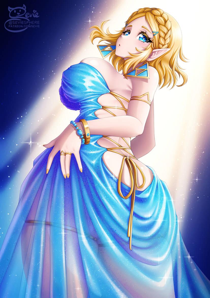 1girls ass blonde_hair blue_dress blue_eyes bracelet breasts crown_braid dress earrings hairclip large_breasts looking_at_viewer nintendo painted_fingernails princess_zelda sevie seviesphere short_hair tears_of_the_kingdom the_legend_of_zelda triforce triforce_earrings