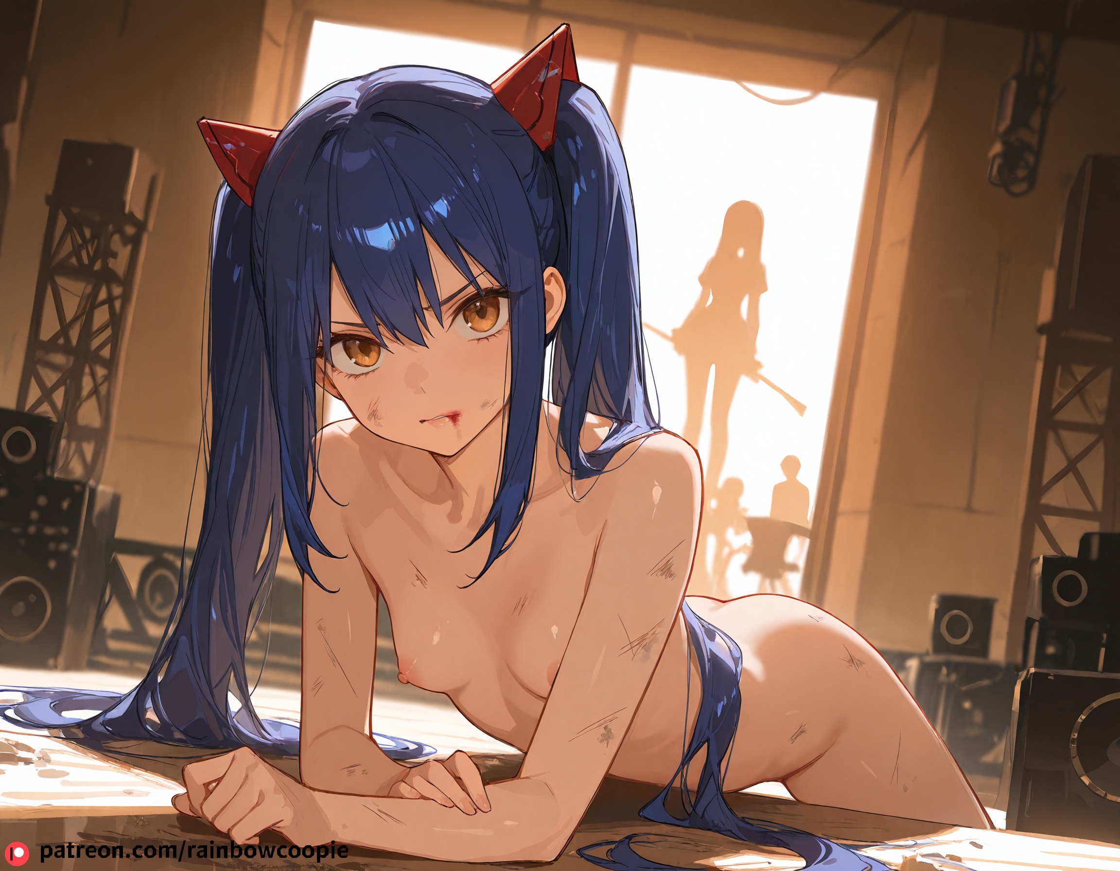 1girls, ai generated, ass, blood, blue hair, breasts, dirty, fairy tail, female, female only, glaring, looking at viewer, nipples, nude, small breasts, solo, stage, twintails, wendy marvell
