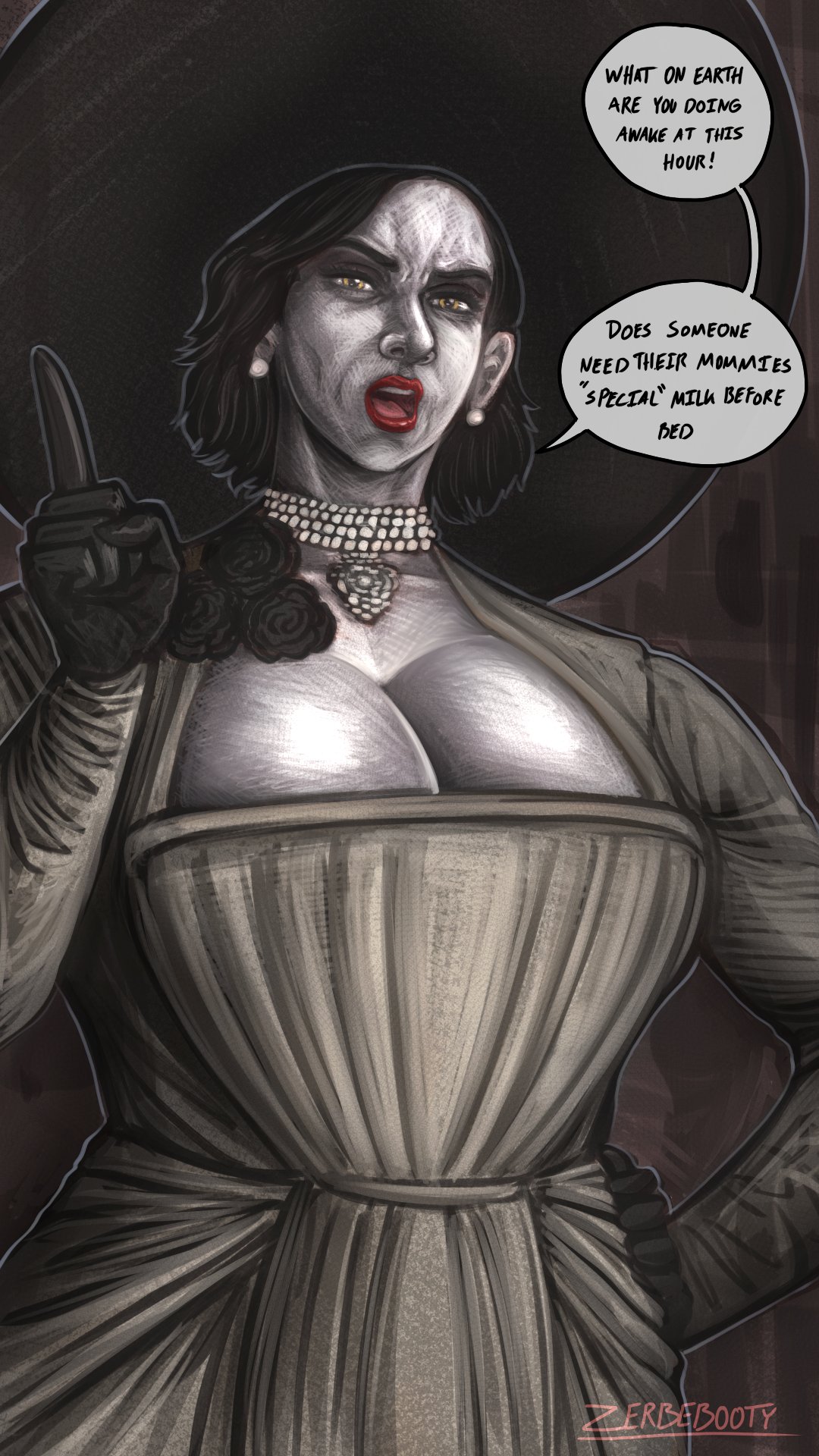 1girls alcina_dimitrescu big_breasts breasts capcom cleavage dialogue female grey_skin huge_breasts implied_lactation mature_female mommy_kink resident_evil resident_evil_8:_village solo text zerbebuth