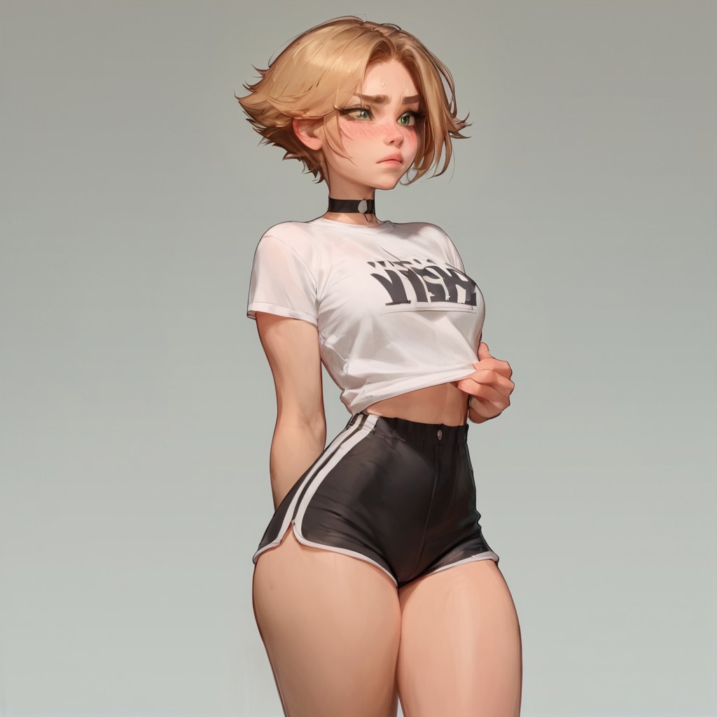 ai generated, blonde hair, breasts, choker, female, green eyes, gym clothes, revealing clothes, short hair, skimpy clothes, skintight clothing, small breasts, veve