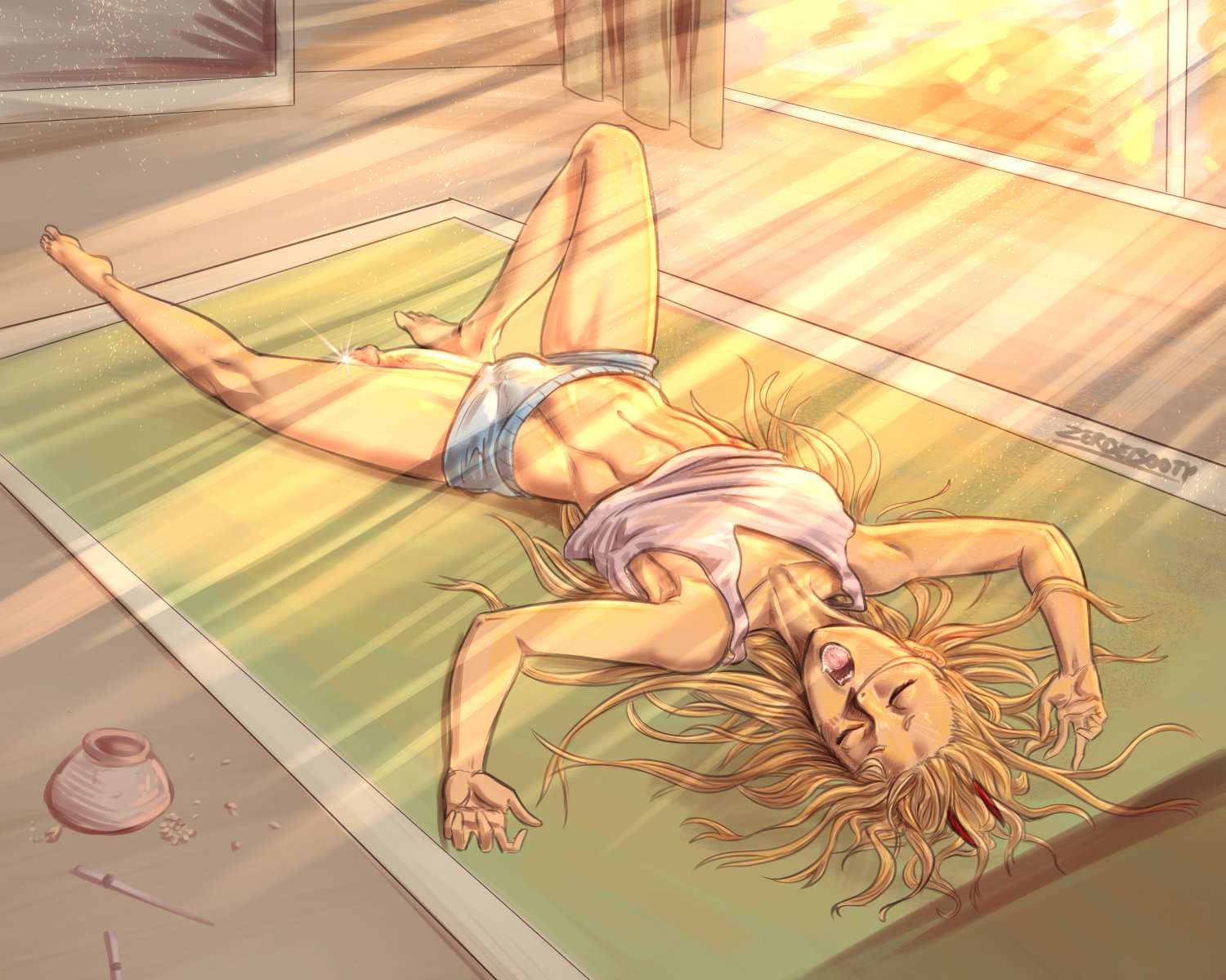 1futa, blonde hair, casual, chainsaw man, closed eyes, futa only, futanari, horns, intersex, on back, penis, penis out, power (chainsaw man), shorts, sleeping, solo, solo futa, wardrobe malfunction, zerbebuth