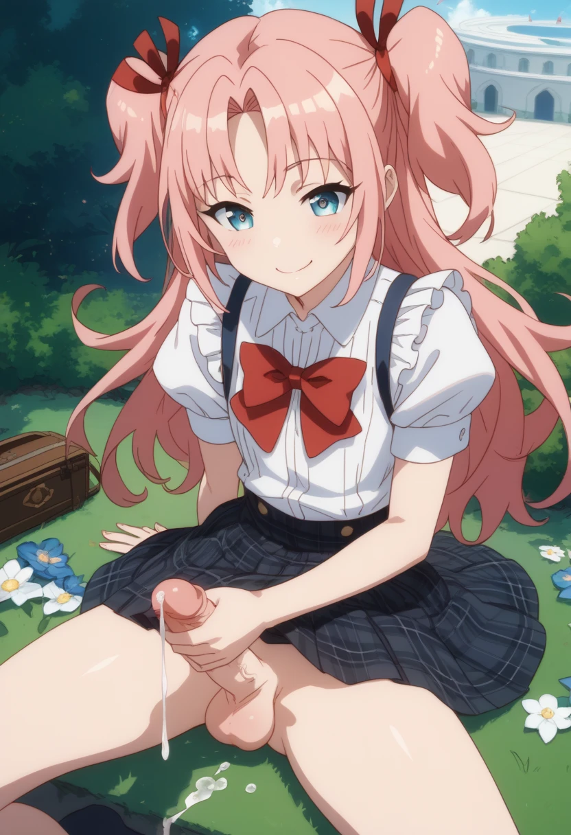 1boy 1femboy after_cumshot ai_generated arikawa_hime balls blue_eyes crossdressing cum cumshot erection femboy himegoto male male_only penis pink_hair precum smile testicles trap