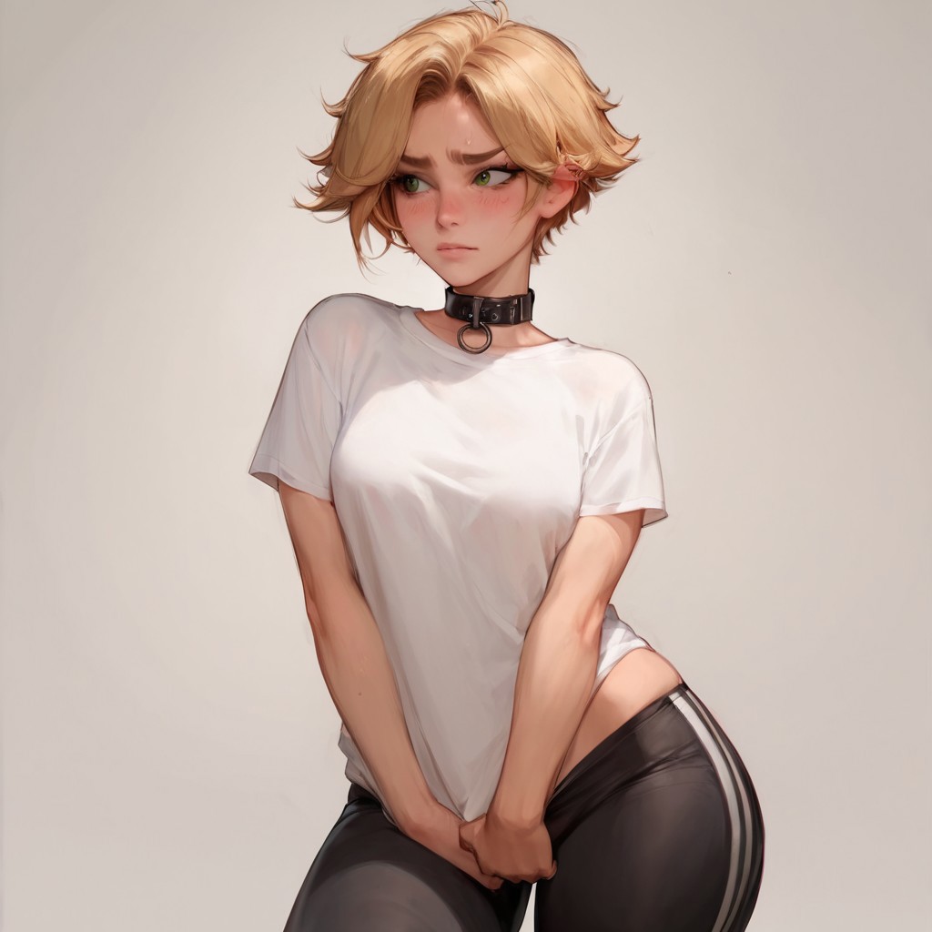 blonde_hair choker green_eyes gym_clothes revealing_clothes short_hair skimpy_clothes skintight_clothing small_breasts veve