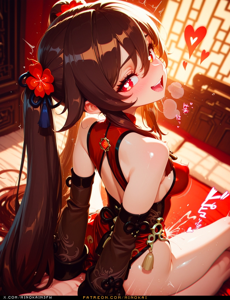 1boy1girl, ai generated, breasts, brown hair, cum, dress, female, fully clothed, genshin impact, hoyoverse, hu tao (genshin impact), long hair, looking at viewer, looking back, male, medium breasts, minokai, motion lines, red eyes, reverse cowgirl position, self upload, twintails, visible breath