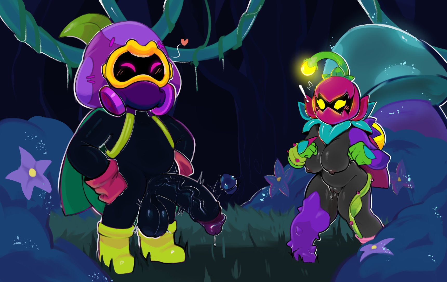 1boy, 1girls, balls, ballsack, black body, black penis, boots, brawl stars, closed eyes, cordelius (brawl stars), female, gas mask, gloves, heart, lily (brawl stars), male, penis, pochiiwa, tagme