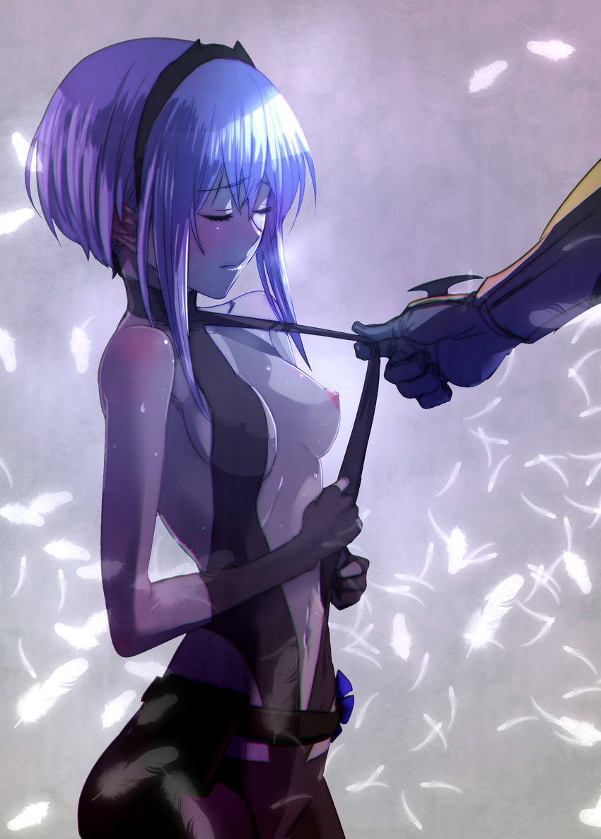 assisted exposure, bare shoulders, blush, breasts, dark skin, dark-skinned female, fate (series), fate/grand order, female, grey skin, hassan of serenity (fate), medium breasts, pulling clothing, purple eyes, purple hair, short hair, shy, skimpy clothes