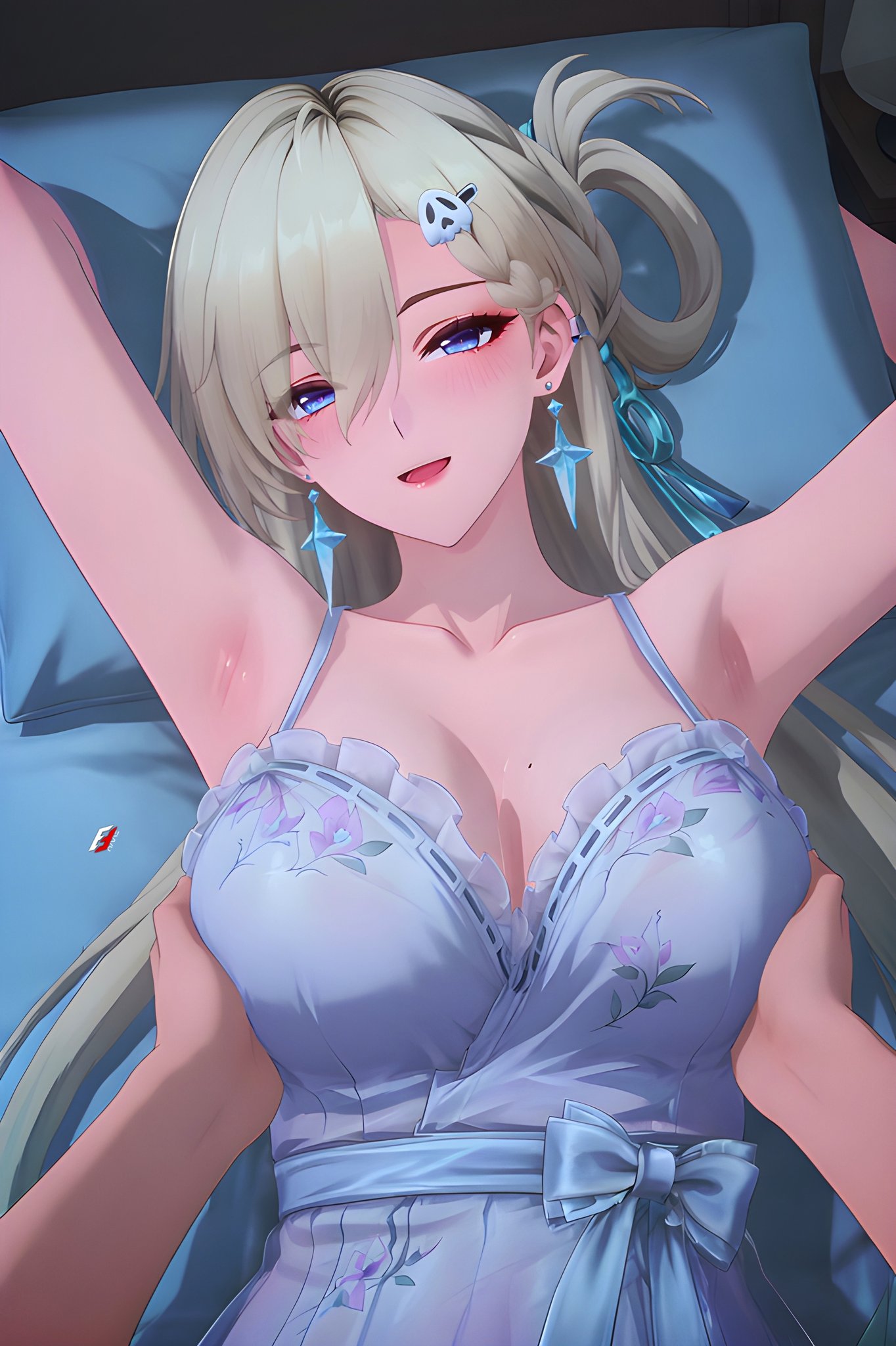 1boy, 1girls, ai generated, blonde hair, grabbing another's breast, hairclip, large breasts, long hair, looking at viewer, lynae (wuthering waves), nightgown, wuthering waves