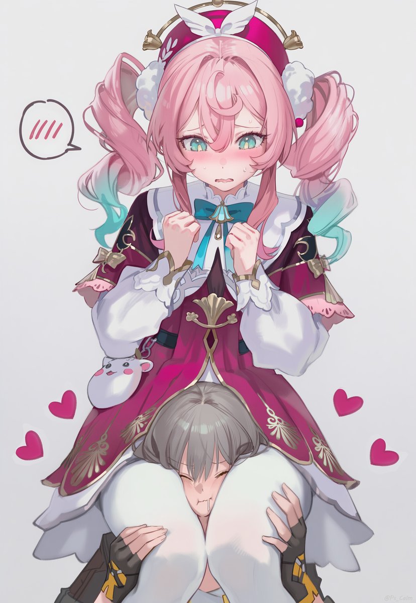 2girls, female, green eyes, grey hair, hands on thighs, head between thighs, heart, hearts around head, honkai: star rail, hoyoverse, hyacine (honkai: star rail), long hair, mihoyo, multicolored hair, pink hair, ps calm, stelle (honkai: star rail), thigh squish, twintails, yuri