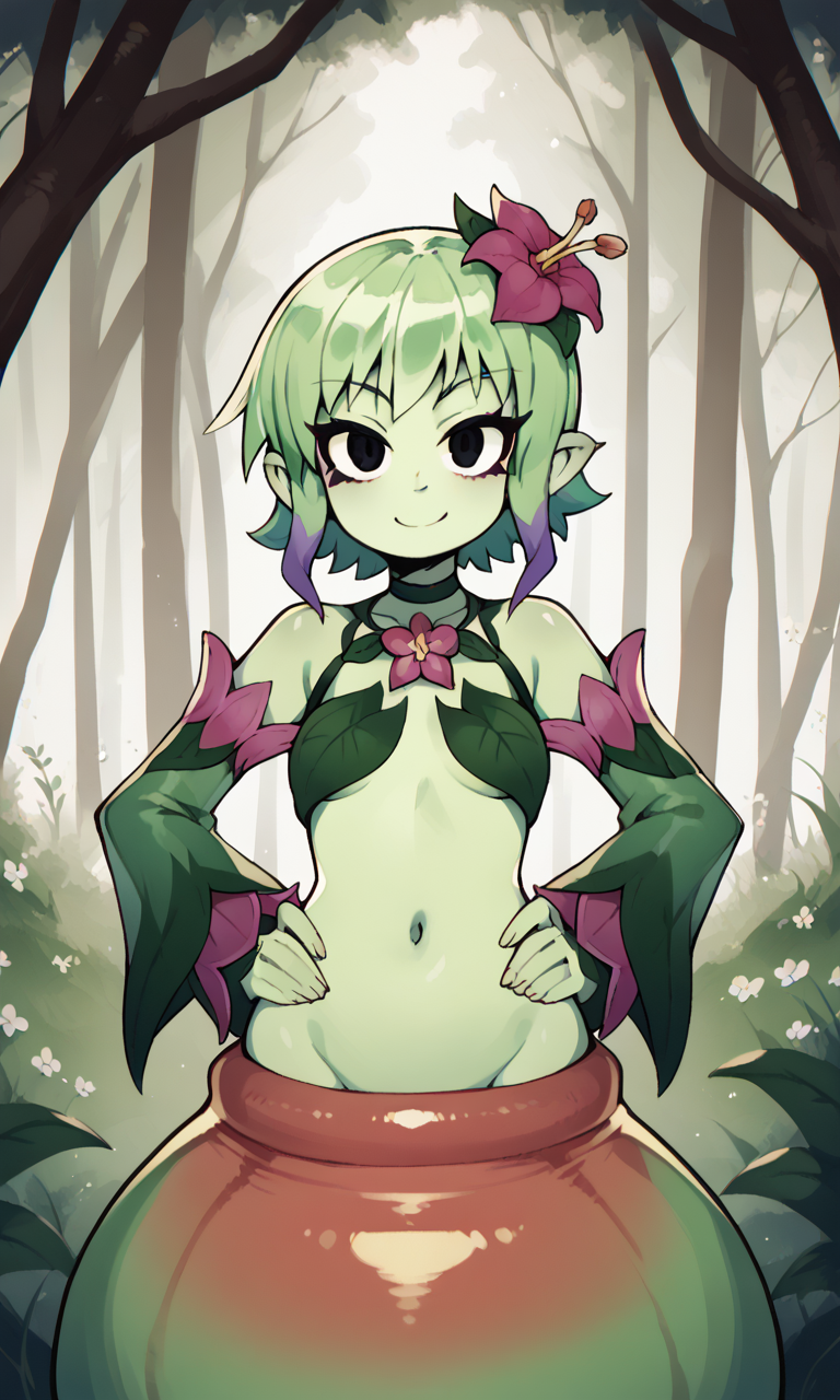 accurate_art_style ai_generated alraune bigmic145 breasts detached_sleeves female female_only flower flower_in_hair green_hair green_skin leaf leaf_clothing monster_girl navel netflix plant plant_girl plant_humanoid ramona_flowers scott_pilgrim scott_pilgrim_takes_off