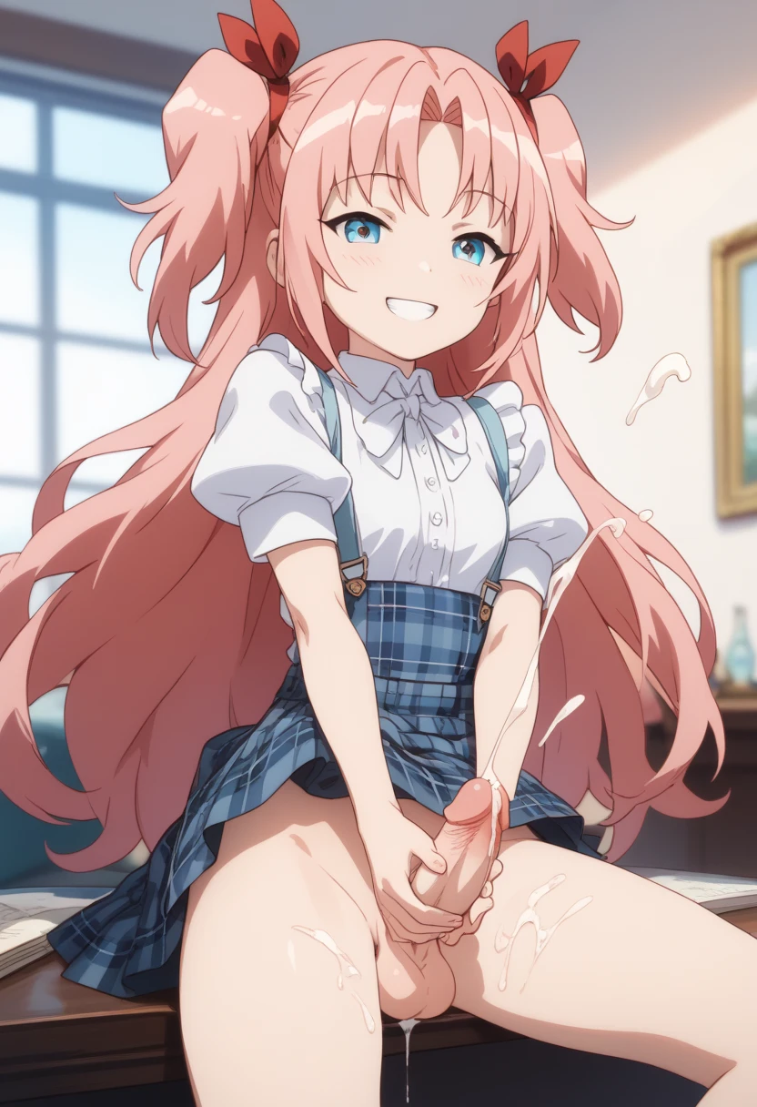 1boy 1femboy after_cumshot ai_generated arikawa_hime balls blue_eyes crossdressing cum cumshot erection femboy himegoto penis pink_hair precum smile testicles trap