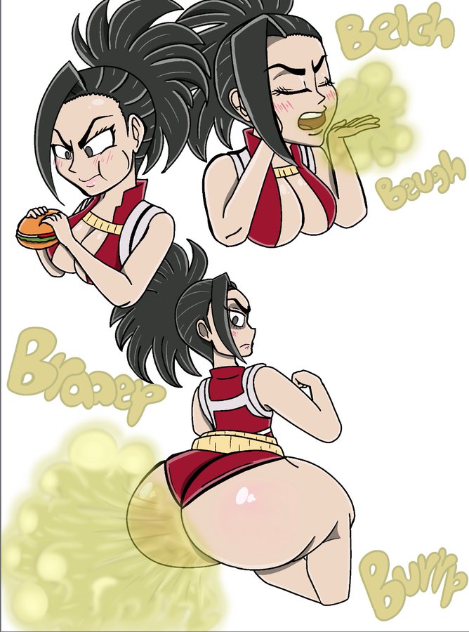 annoyed_expression ass_bigger_than_head black_eyes black_hair boku_no_hero_academia burger burp burp_cloud burping eating_food fart fart_cloud momo_yaoyorozu my_hero_academia pervysage ponytail superheroine yaoyorozu_momo