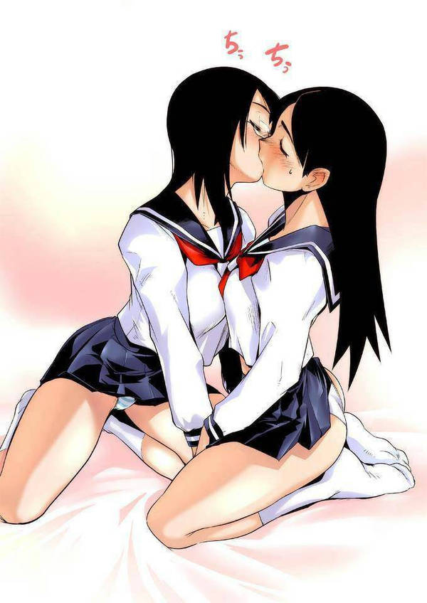 2girls ass black_hair blue_skirt breasts closed_eyes ez6 fujiyoshi_harumi glasses green_panties kissing kissing kitsu_chiri long_hair medium_breasts panties sayonara_zetsubou_sensei school_uniform shirt skirt socks striped_panties white_panties white_shirt yuri